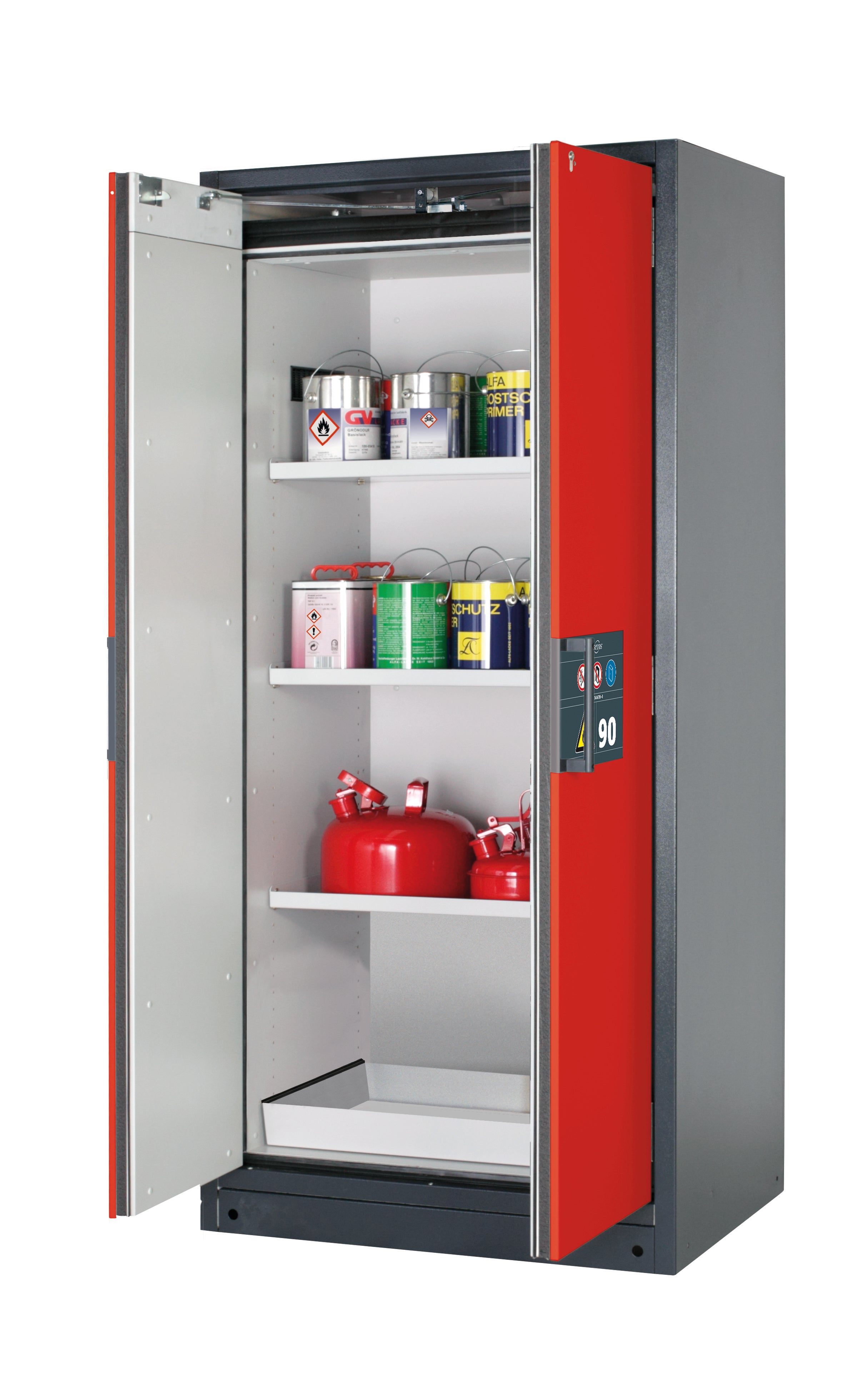 Type 90 safety storage cabinet Q-PEGASUS-90 model Q90.195.090.WDAC in traffic red RAL 3020 with 3x shelf standard (sheet steel),