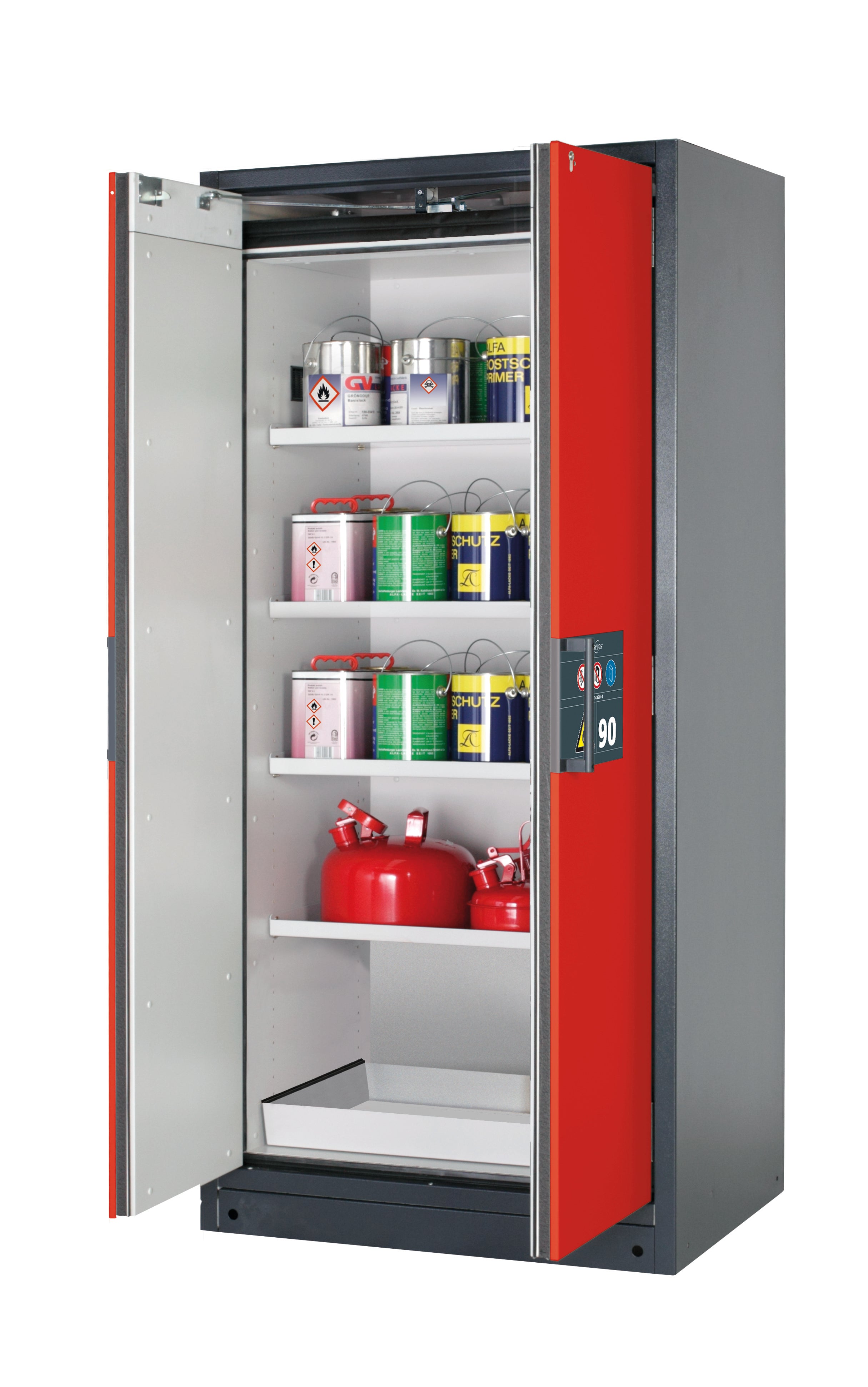 Type 90 safety storage cabinet Q-PEGASUS-90 model Q90.195.090.WDAC in traffic red RAL 3020 with 4x shelf standard (sheet steel),