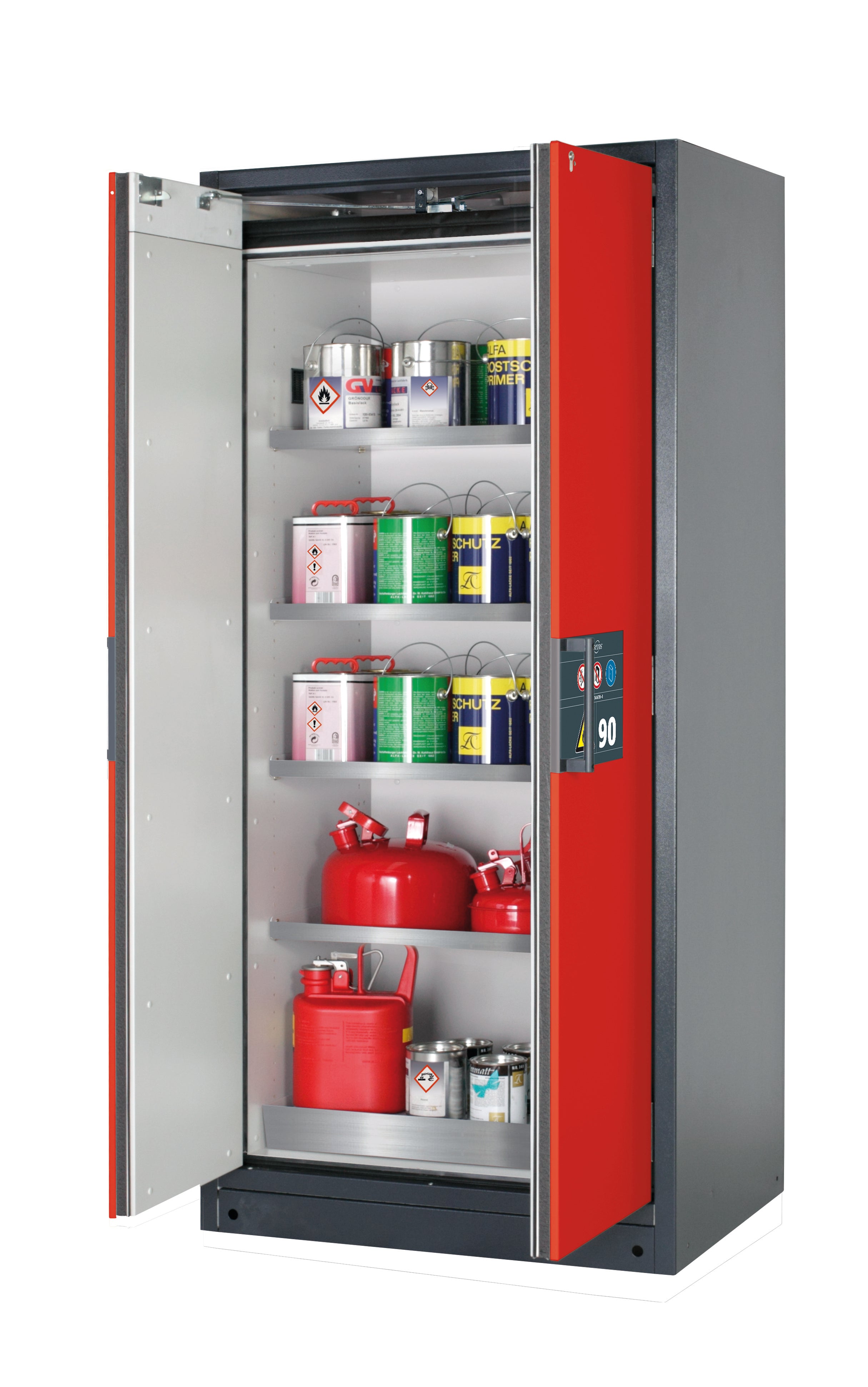 Type 90 safety storage cabinet Q-PEGASUS-90 model Q90.195.090.WDAC in traffic red RAL 3020 with 4x shelf standard (stainless steel 1.4301),
