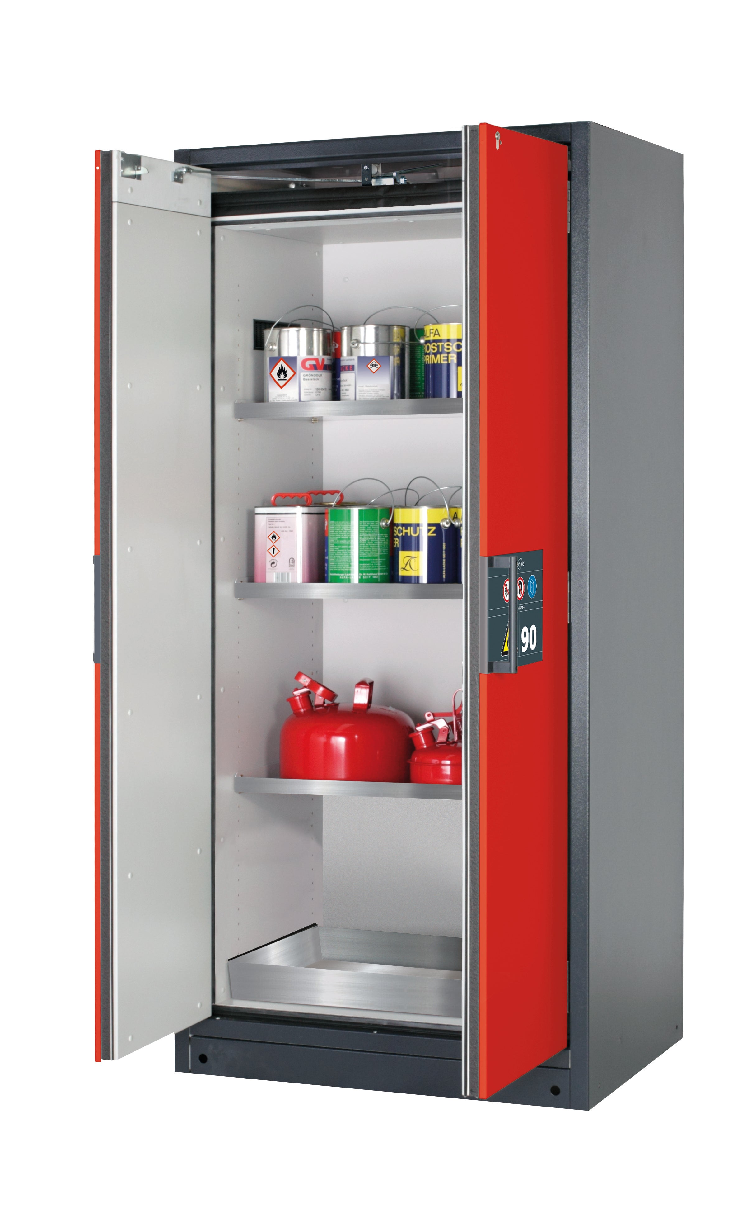 Type 90 safety storage cabinet Q-PEGASUS-90 model Q90.195.090.WDAC in traffic red RAL 3020 with 3x shelf standard (stainless steel 1.4301),
