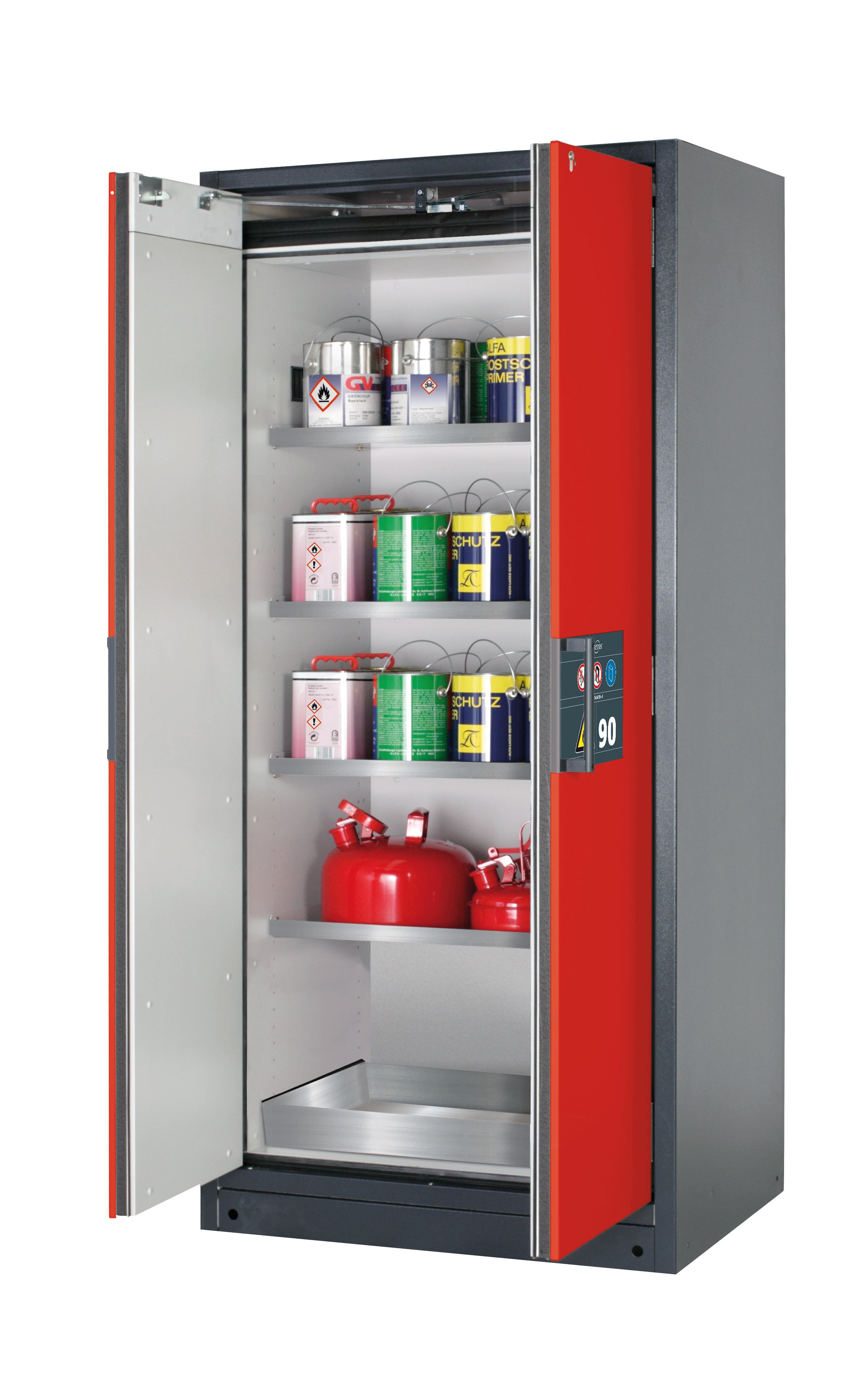 Type 90 safety storage cabinet Q-PEGASUS-90 model Q90.195.090.WDAC in traffic red RAL 3020 with 4x shelf standard (stainless steel 1.4301),