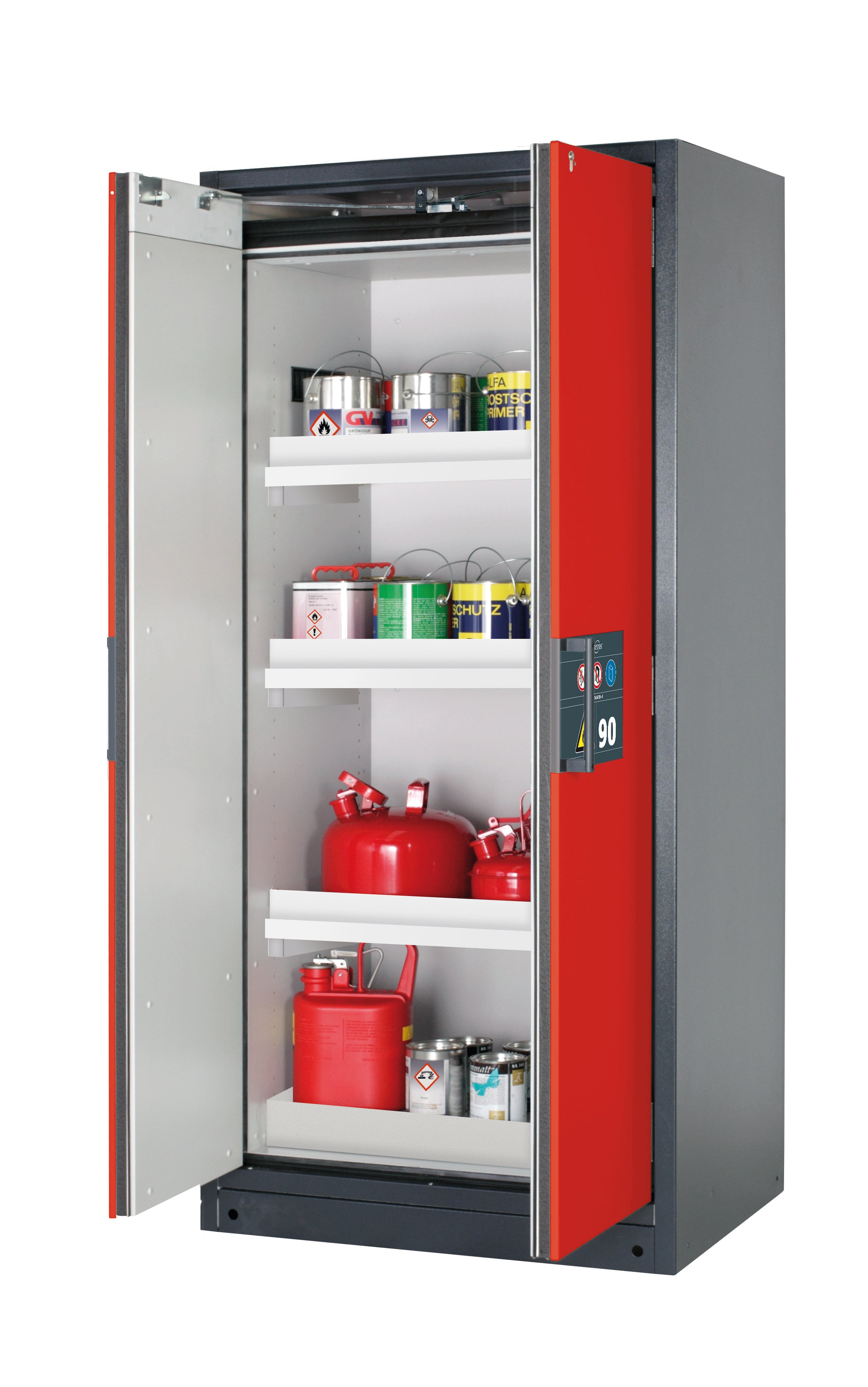 Type 90 safety storage cabinet Q-PEGASUS-90 model Q90.195.090.WDAC in traffic red RAL 3020 with 3x tray shelf (standard) (polypropylene),