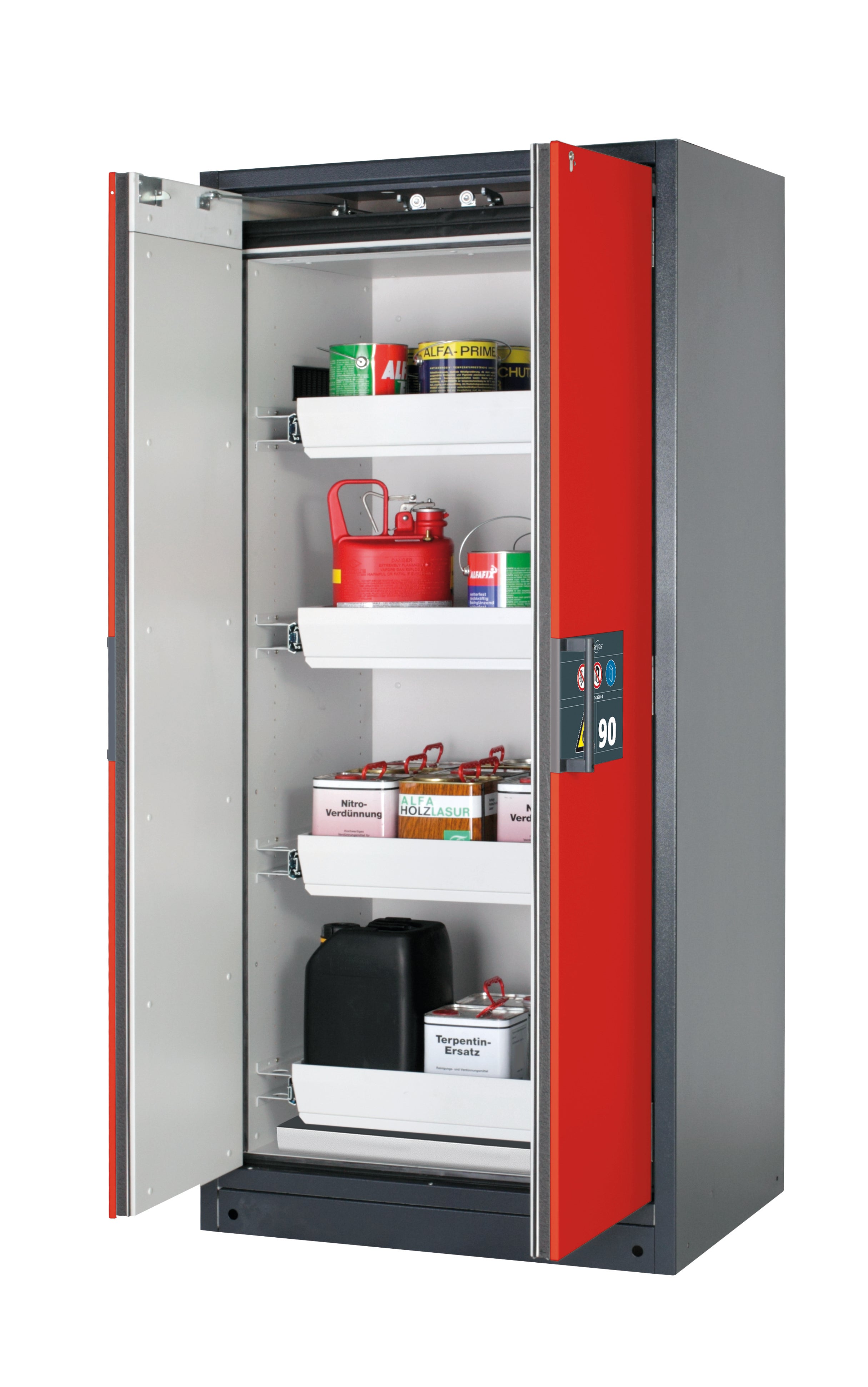 Type 90 safety storage cabinet Q-PEGASUS-90 model Q90.195.090.WDAC in traffic red RAL 3020 with 4x drawer (standard) (sheet steel),