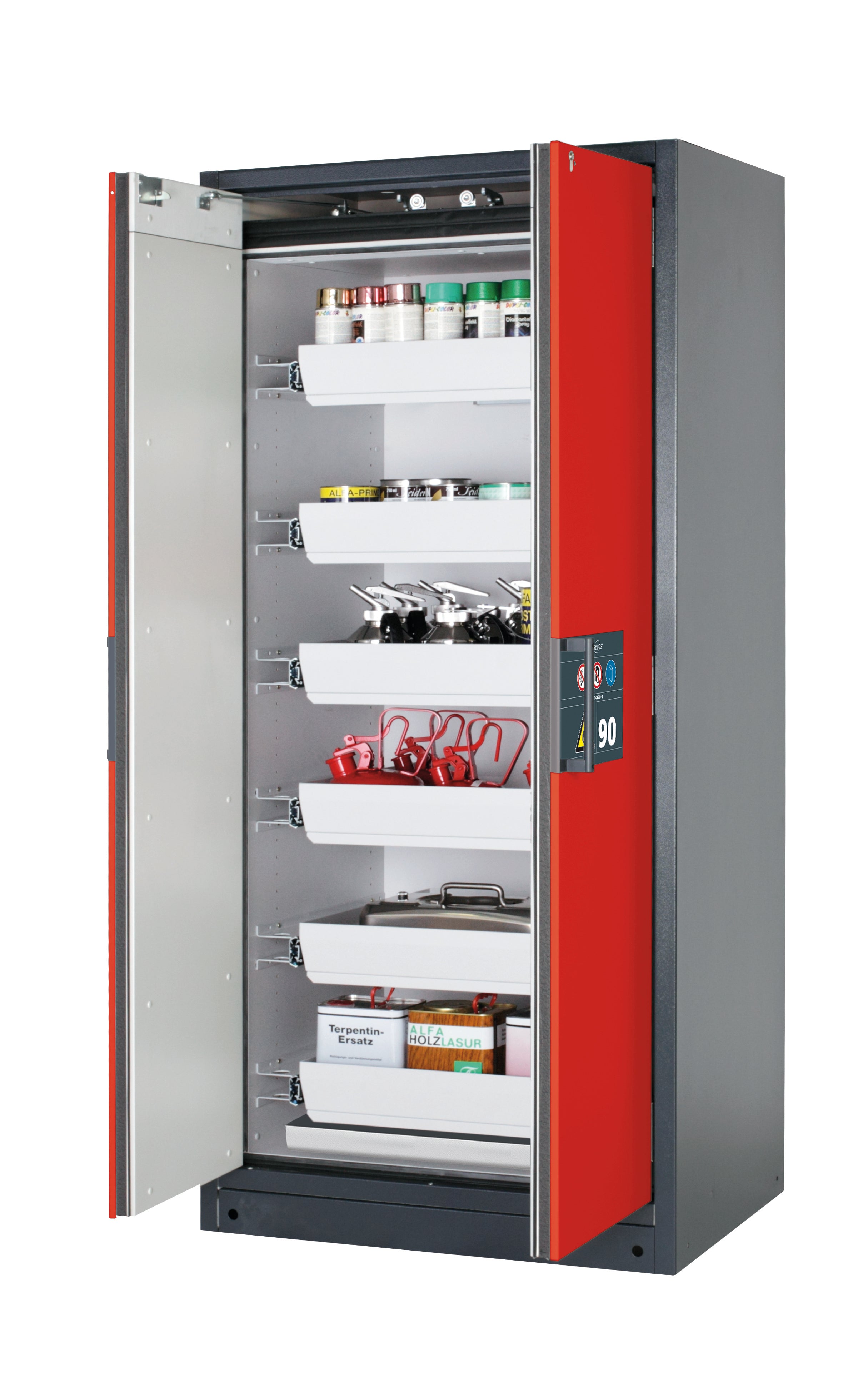 Type 90 safety storage cabinet Q-PEGASUS-90 model Q90.195.090.WDAC in traffic red RAL 3020 with 6x drawer (standard) (sheet steel),