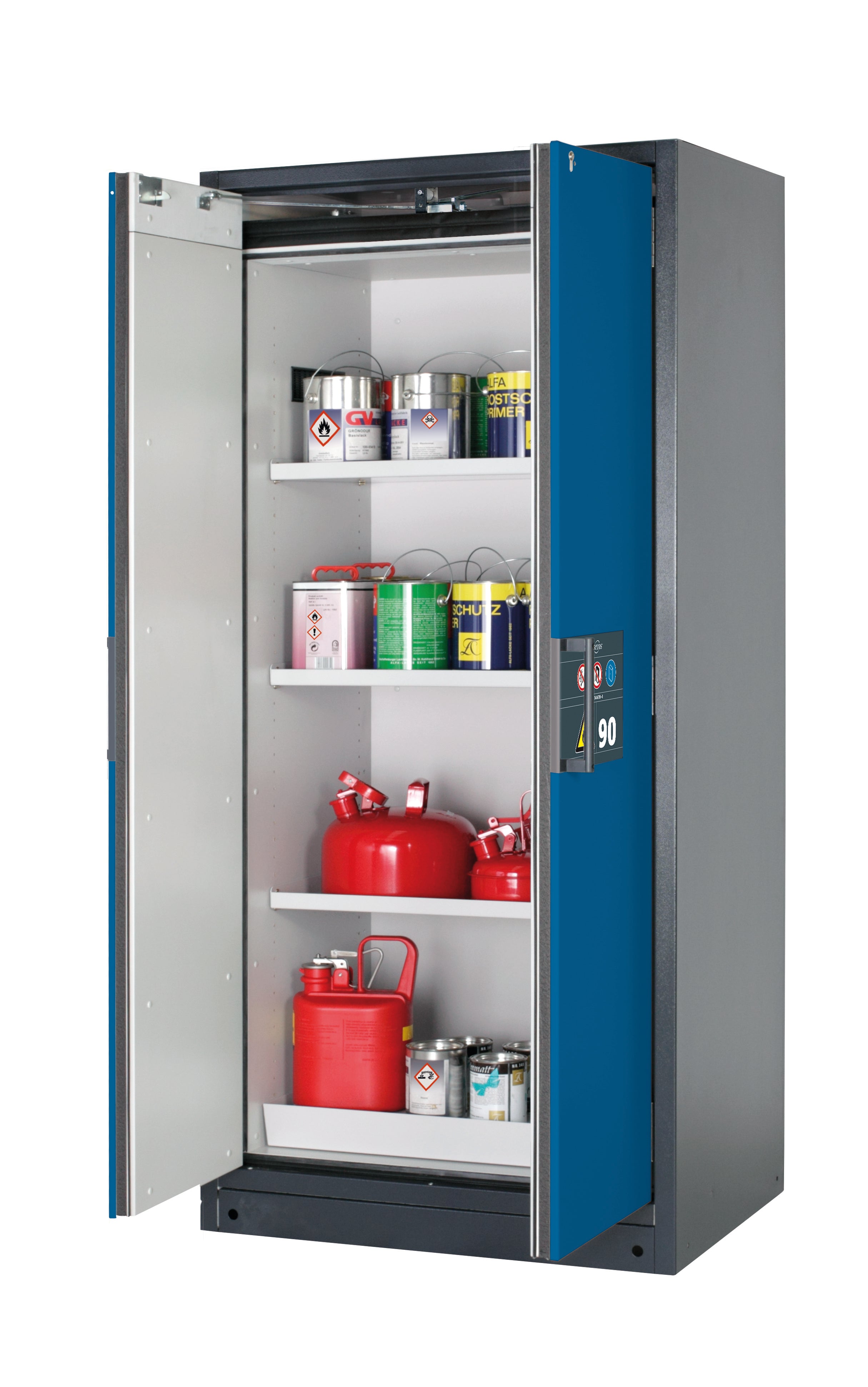 Type 90 safety storage cabinet Q-PEGASUS-90 model Q90.195.090.WDAC in gentian blue RAL 5010 with 3x shelf standard (sheet steel),