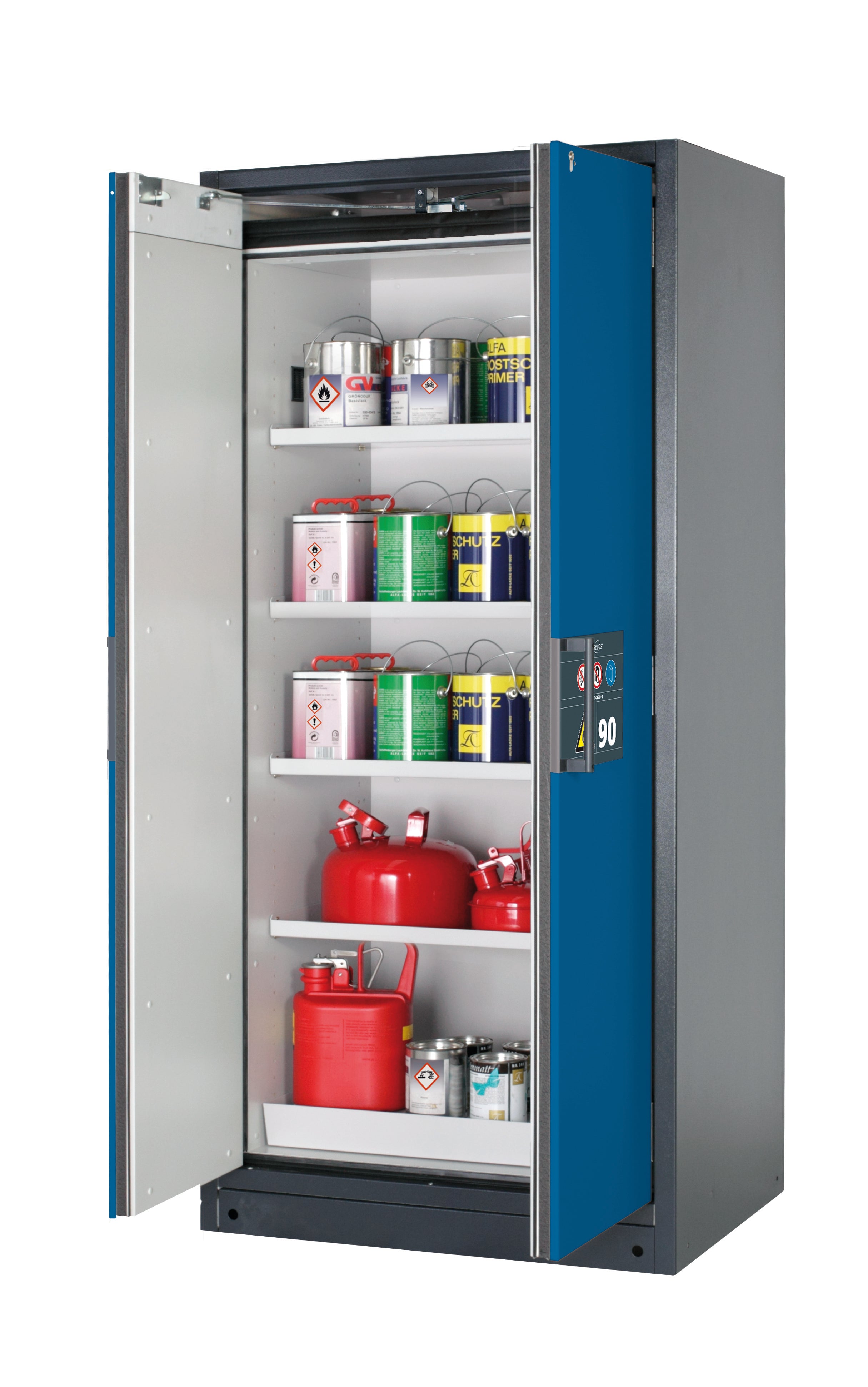 Type 90 safety storage cabinet Q-PEGASUS-90 model Q90.195.090.WDAC in gentian blue RAL 5010 with 4x shelf standard (sheet steel),