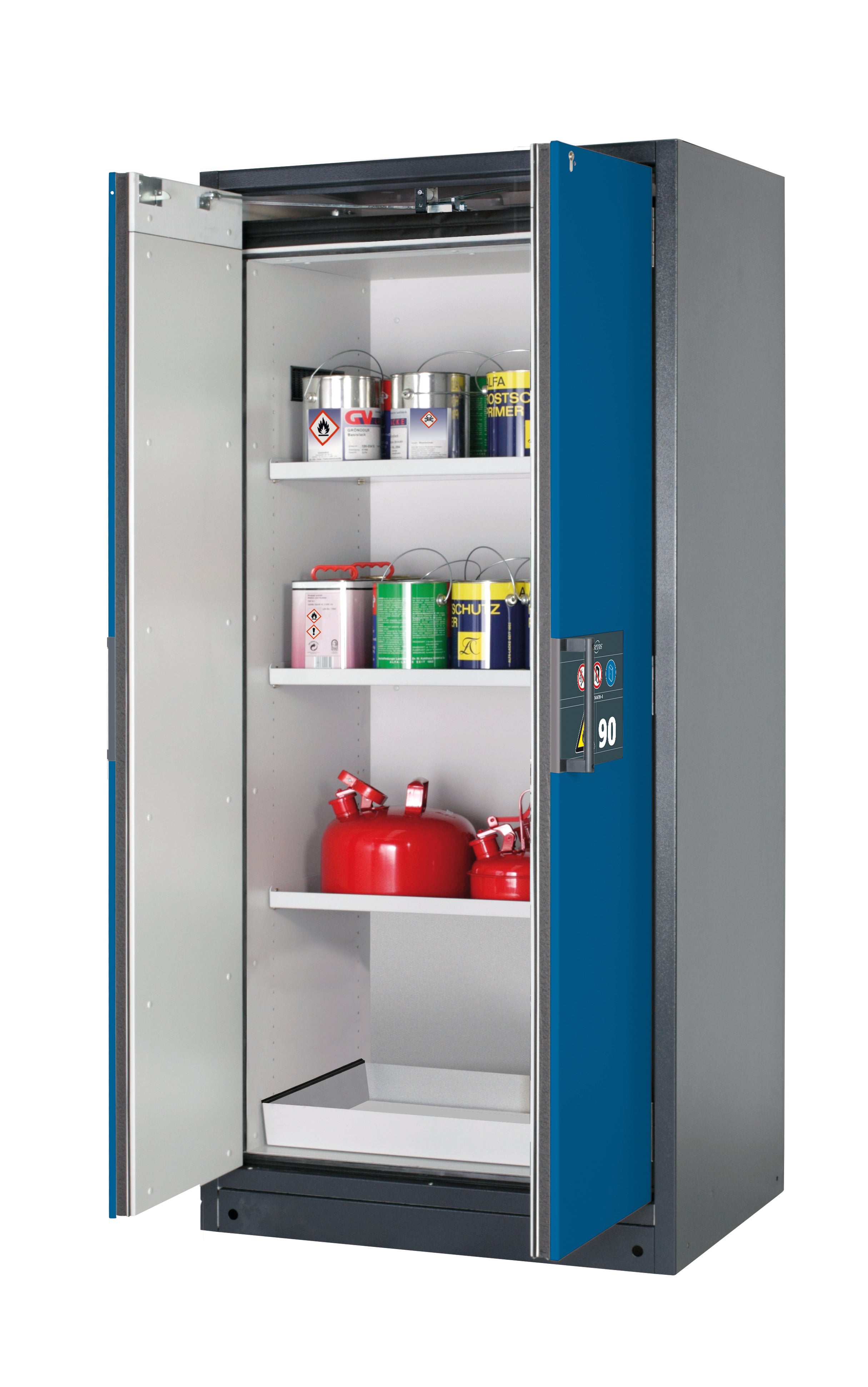 Type 90 safety storage cabinet Q-PEGASUS-90 model Q90.195.090.WDAC in gentian blue RAL 5010 with 3x shelf standard (sheet steel),