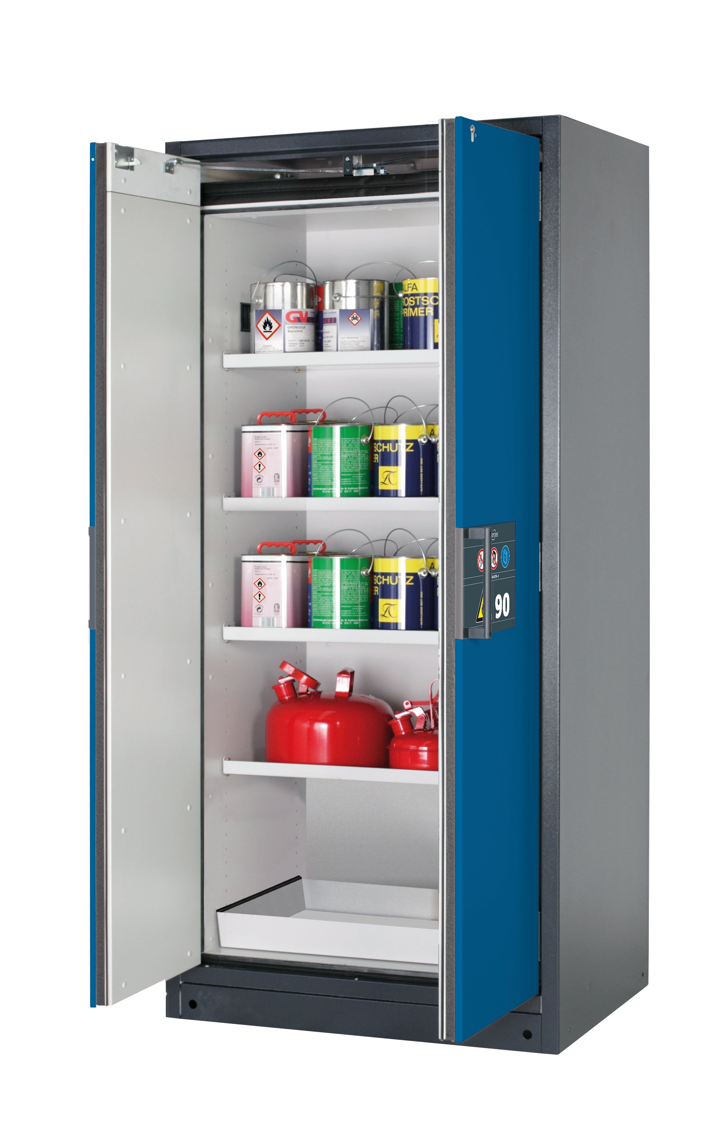 Type 90 safety storage cabinet Q-PEGASUS-90 model Q90.195.090.WDAC in gentian blue RAL 5010 with 4x shelf standard (sheet steel),