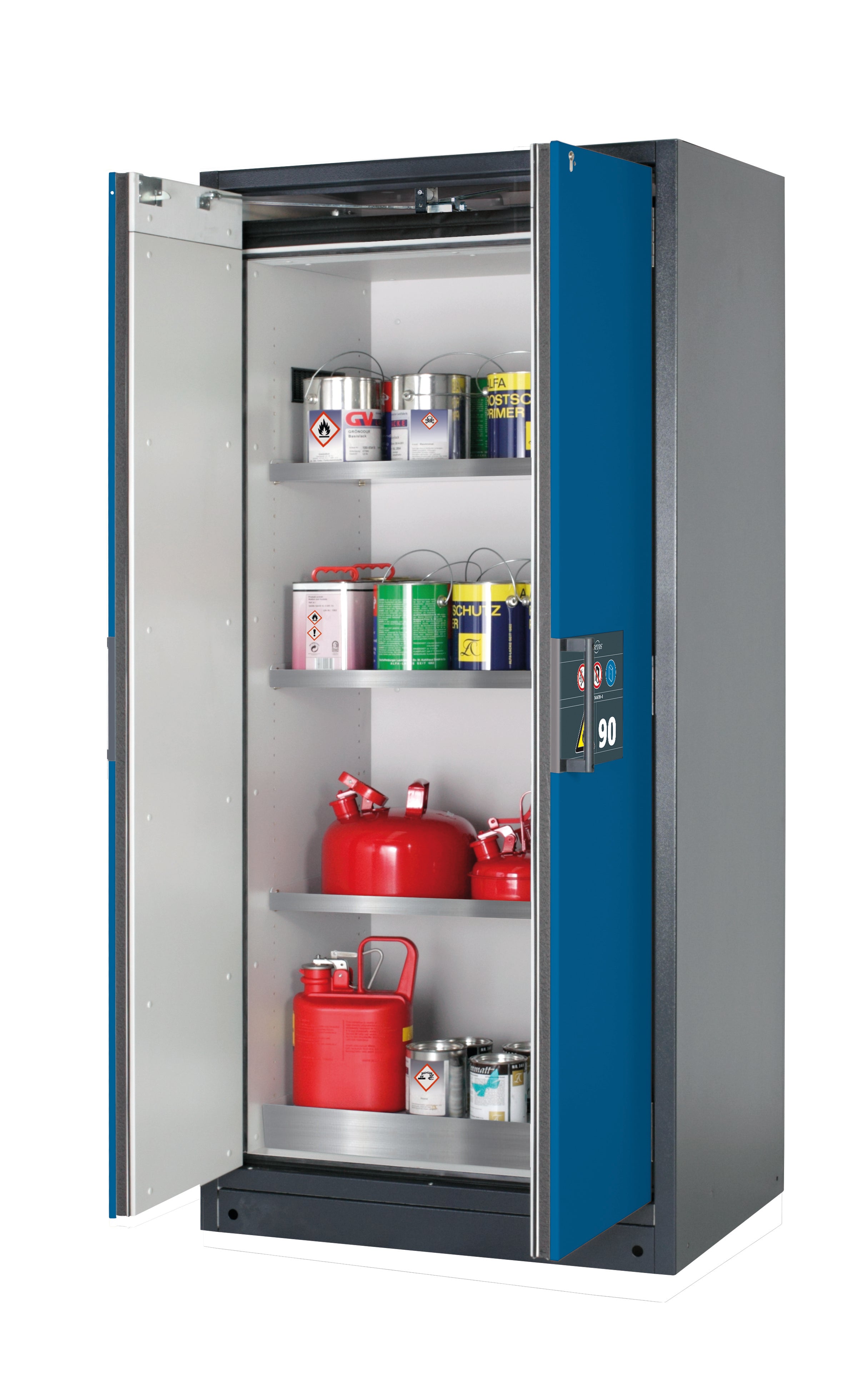 Type 90 safety storage cabinet Q-PEGASUS-90 model Q90.195.090.WDAC in gentian blue RAL 5010 with 3x shelf standard (stainless steel 1.4301),
