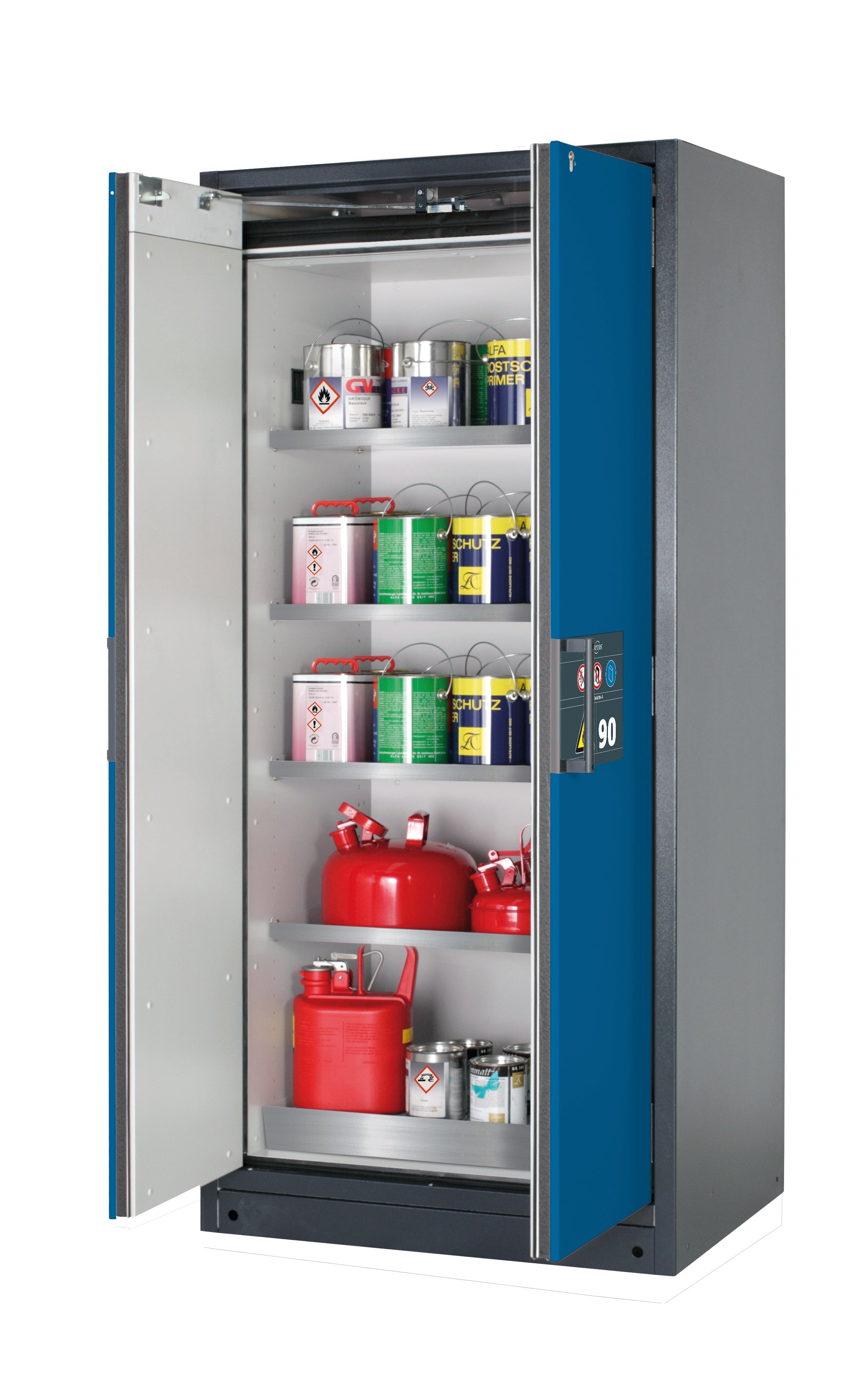 Type 90 safety storage cabinet Q-PEGASUS-90 model Q90.195.090.WDAC in gentian blue RAL 5010 with 4x shelf standard (stainless steel 1.4301),