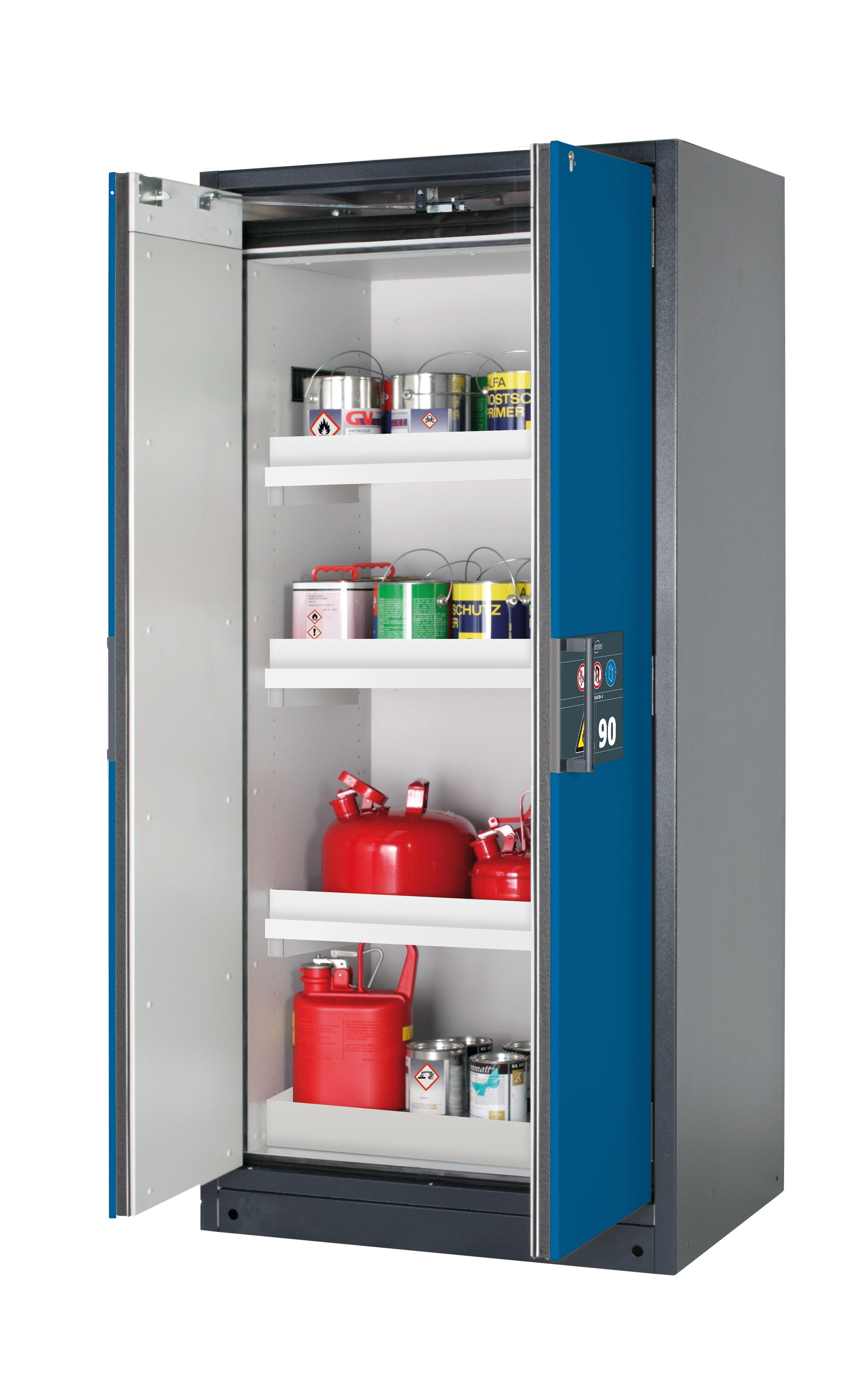 Type 90 safety storage cabinet Q-PEGASUS-90 model Q90.195.090.WDAC in gentian blue RAL 5010 with 3x tray shelf (standard) (polypropylene),