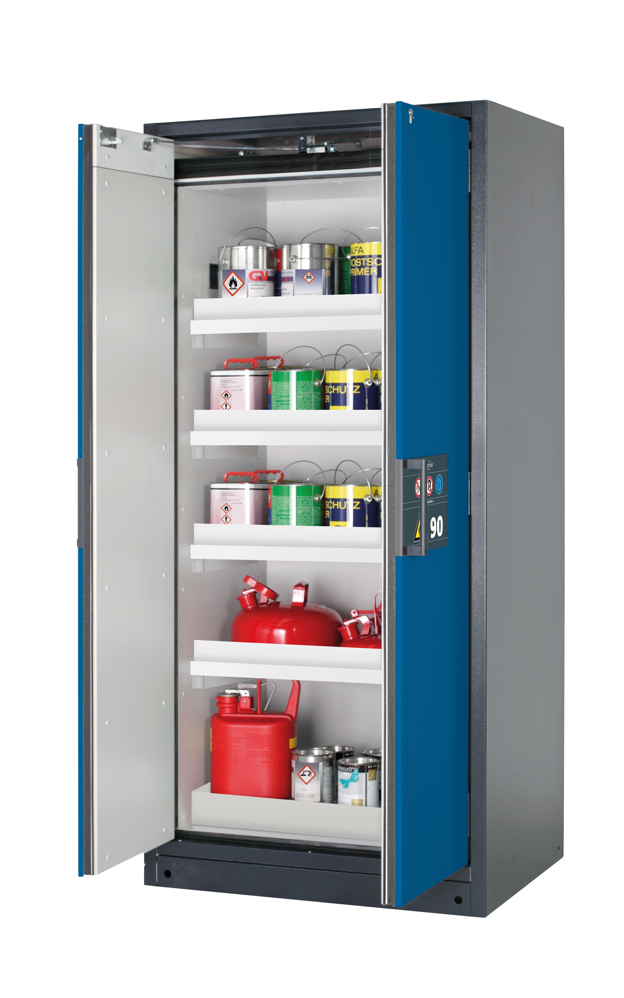 Type 90 safety storage cabinet Q-PEGASUS-90 model Q90.195.090.WDAC in gentian blue RAL 5010 with 4x tray shelf (standard) (polypropylene),