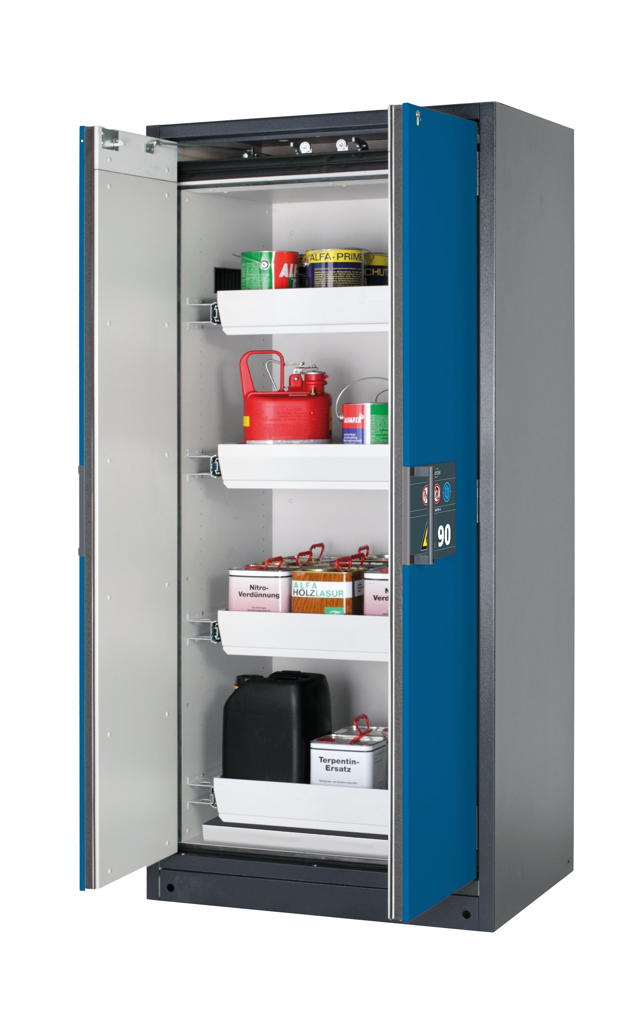 Type 90 safety storage cabinet Q-PEGASUS-90 model Q90.195.090.WDAC in gentian blue RAL 5010 with 4x drawer (standard) (sheet steel),