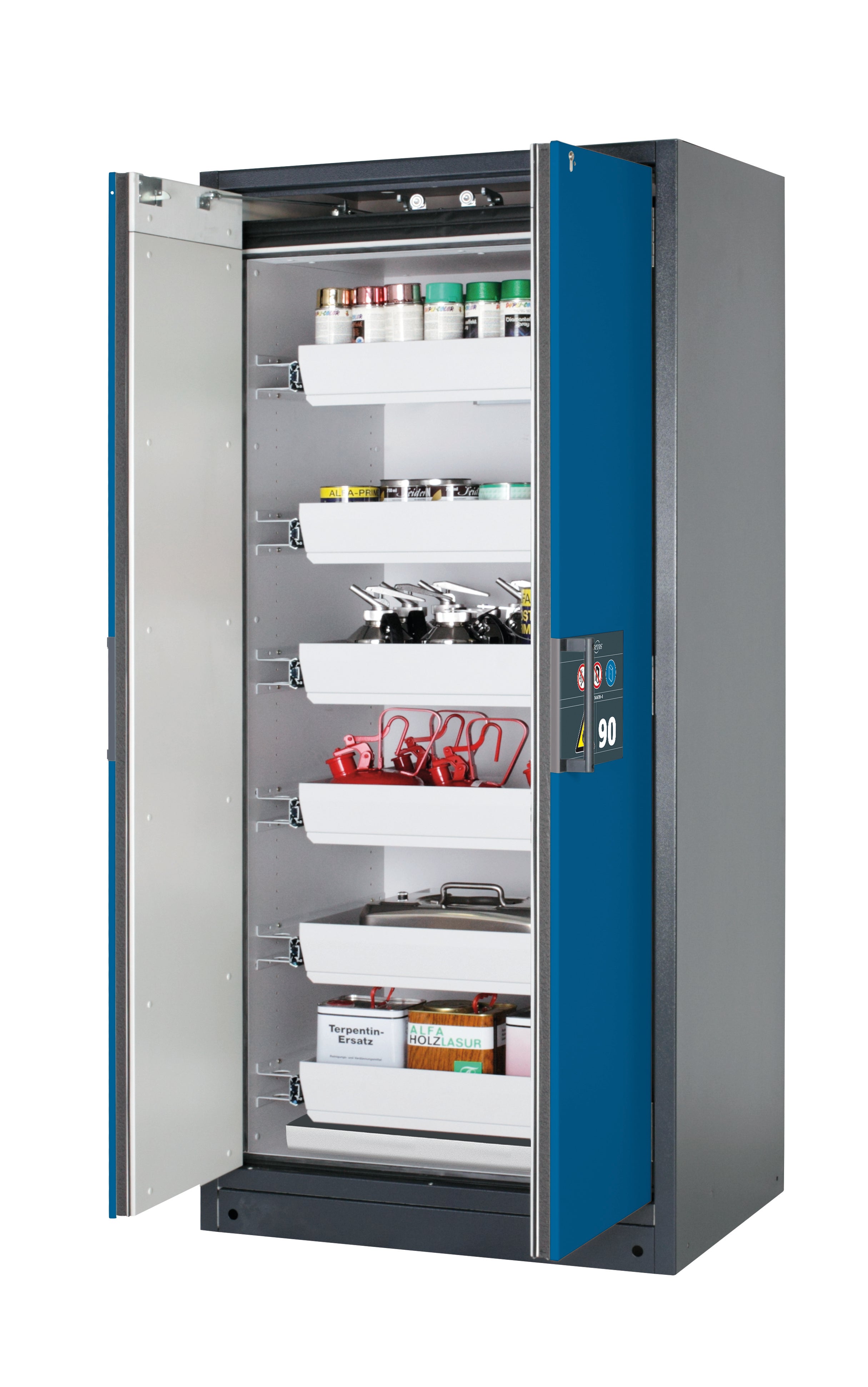 Type 90 safety storage cabinet Q-PEGASUS-90 model Q90.195.090.WDAC in gentian blue RAL 5010 with 6x drawer (standard) (sheet steel),