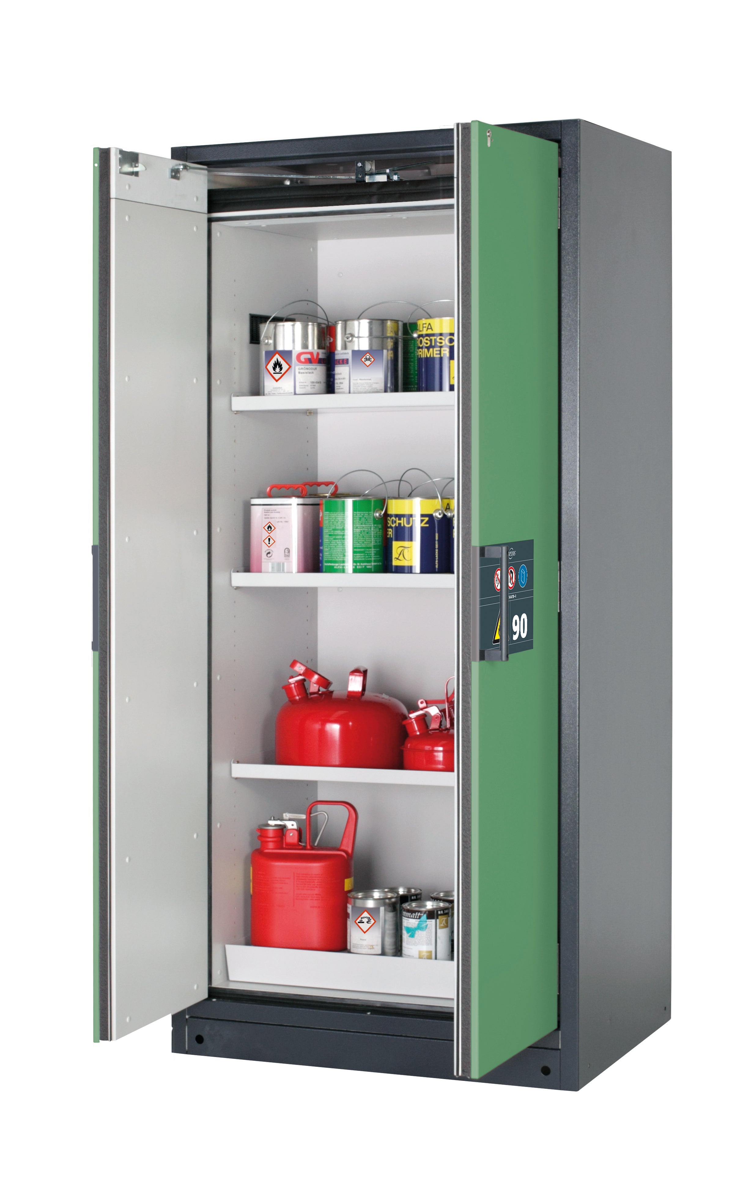 Type 90 safety storage cabinet Q-PEGASUS-90 model Q90.195.090.WDAC in reseda green RAL 6011 with 3x shelf standard (sheet steel),