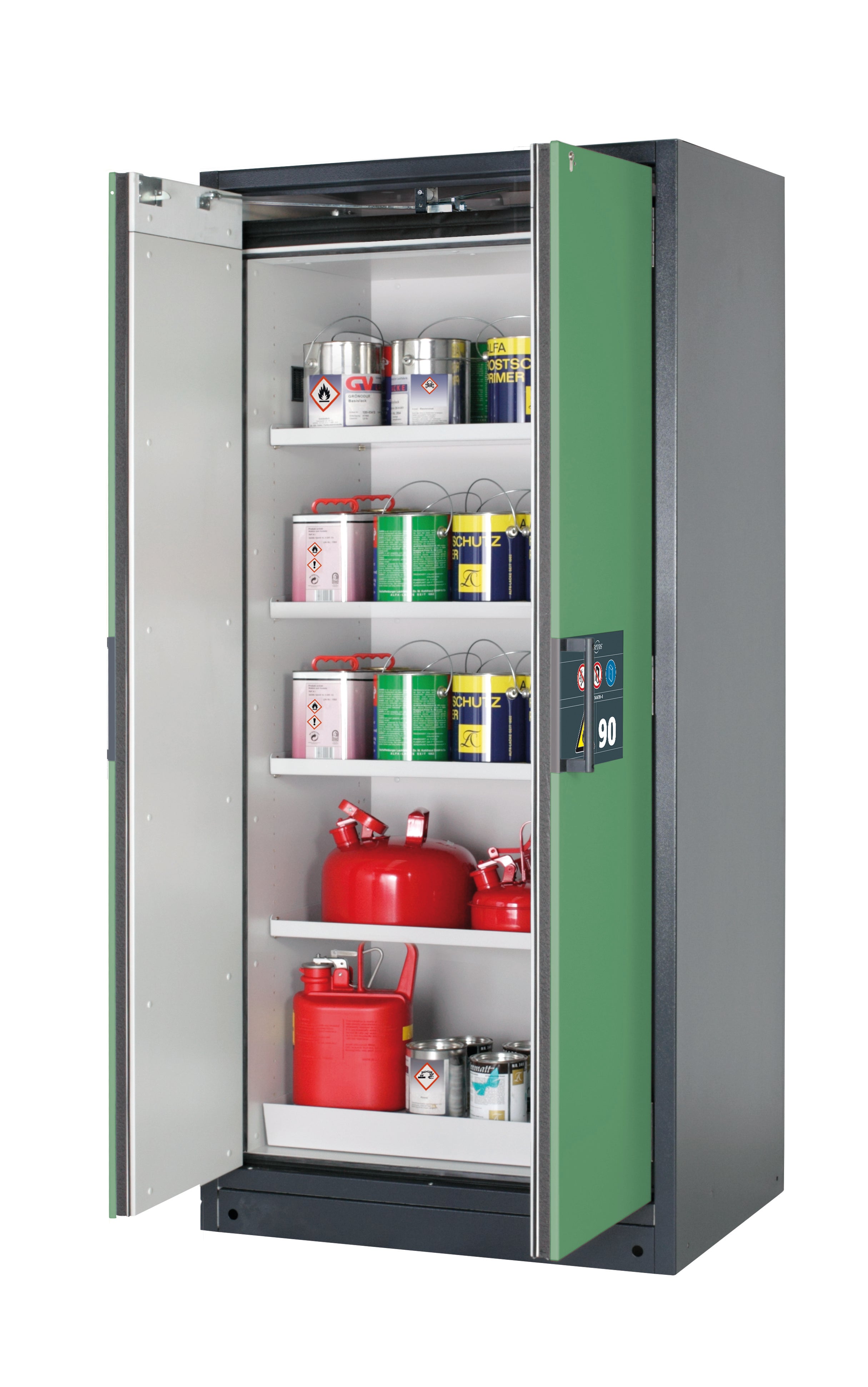 Type 90 safety storage cabinet Q-PEGASUS-90 model Q90.195.090.WDAC in reseda green RAL 6011 with 4x shelf standard (sheet steel),