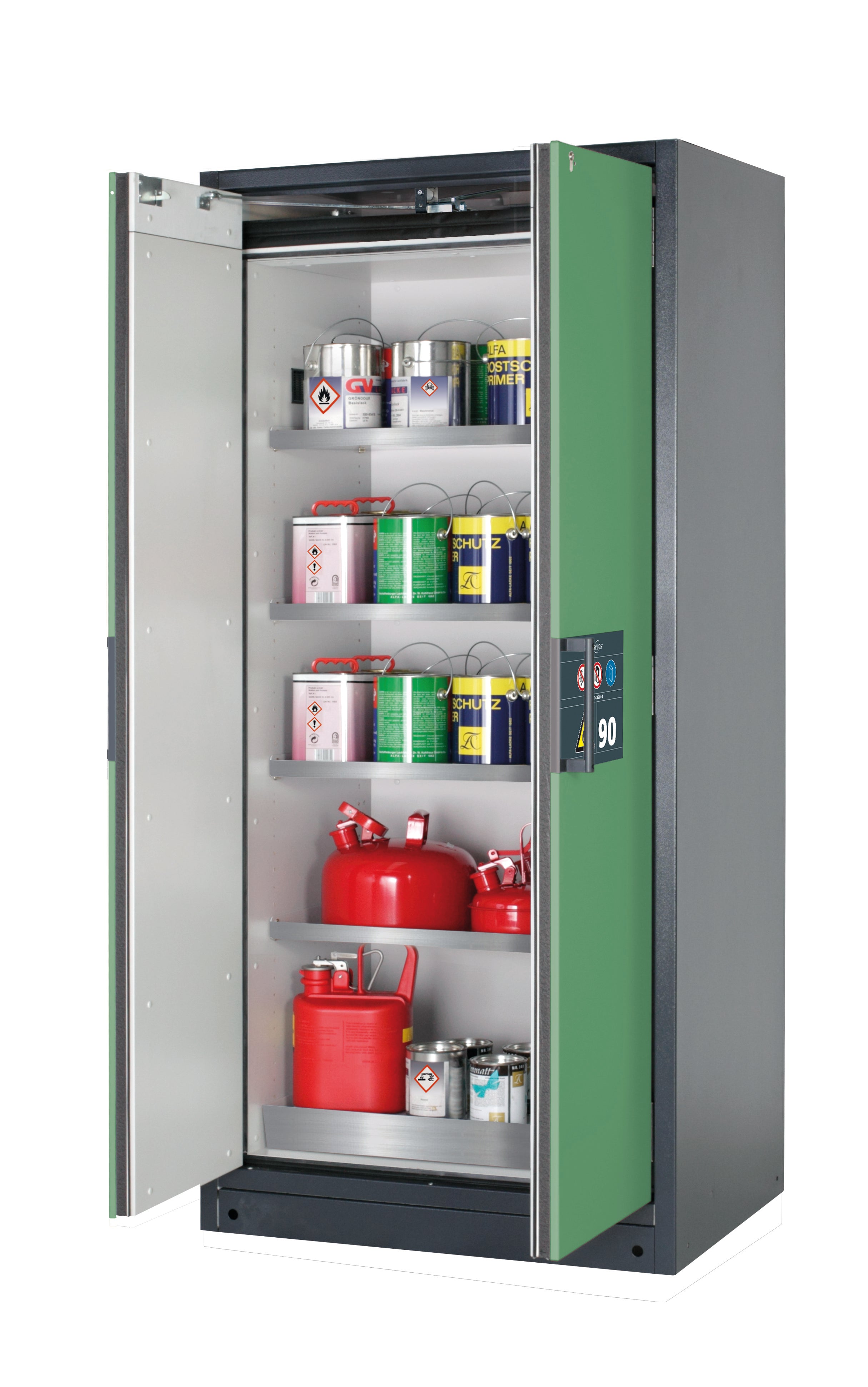 Type 90 safety storage cabinet Q-PEGASUS-90 model Q90.195.090.WDAC in reseda green RAL 6011 with 4x shelf standard (stainless steel 1.4301),