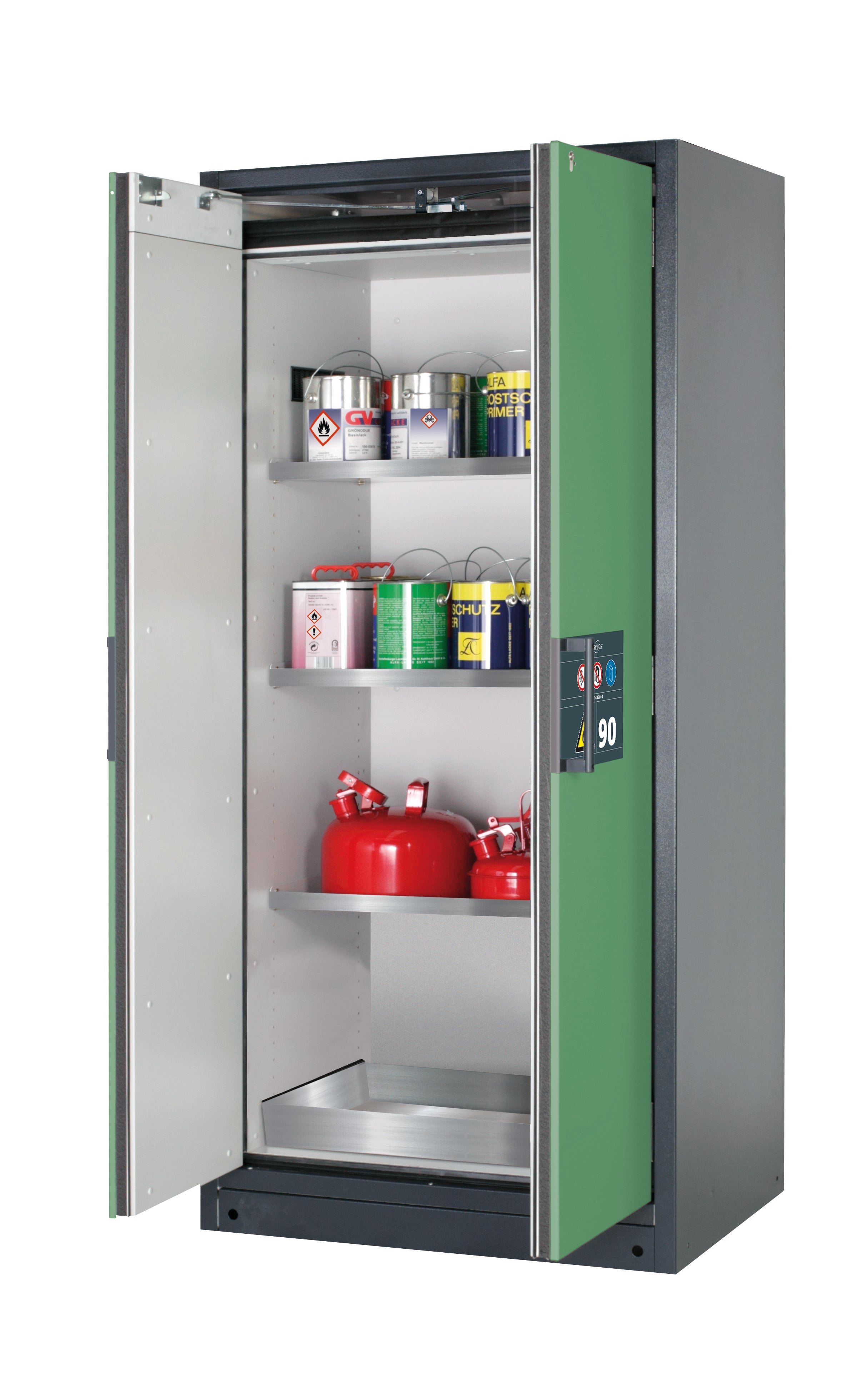 Type 90 safety storage cabinet Q-PEGASUS-90 model Q90.195.090.WDAC in reseda green RAL 6011 with 3x shelf standard (stainless steel 1.4301),
