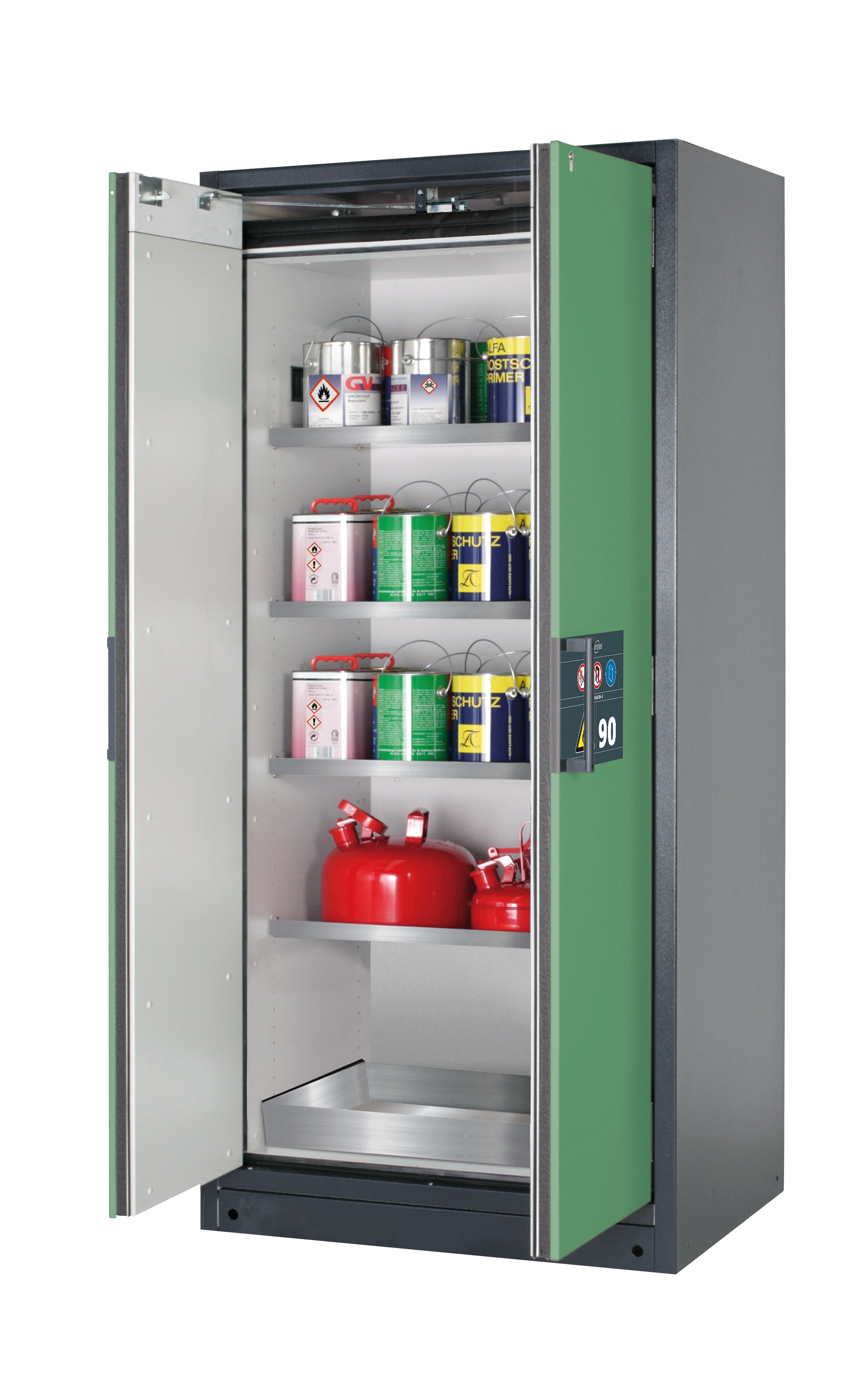 Type 90 safety storage cabinet Q-PEGASUS-90 model Q90.195.090.WDAC in reseda green RAL 6011 with 4x shelf standard (stainless steel 1.4301),