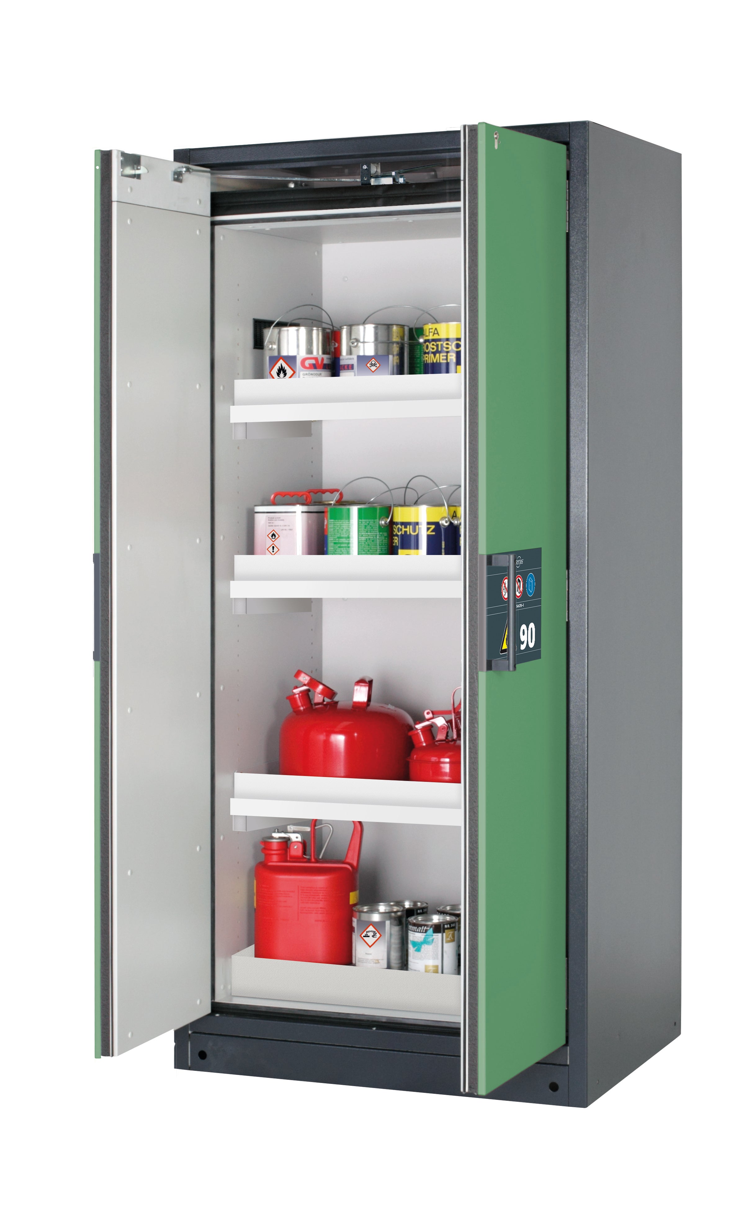Type 90 safety storage cabinet Q-PEGASUS-90 model Q90.195.090.WDAC in reseda green RAL 6011 with 3x tray shelf (standard) (polypropylene),