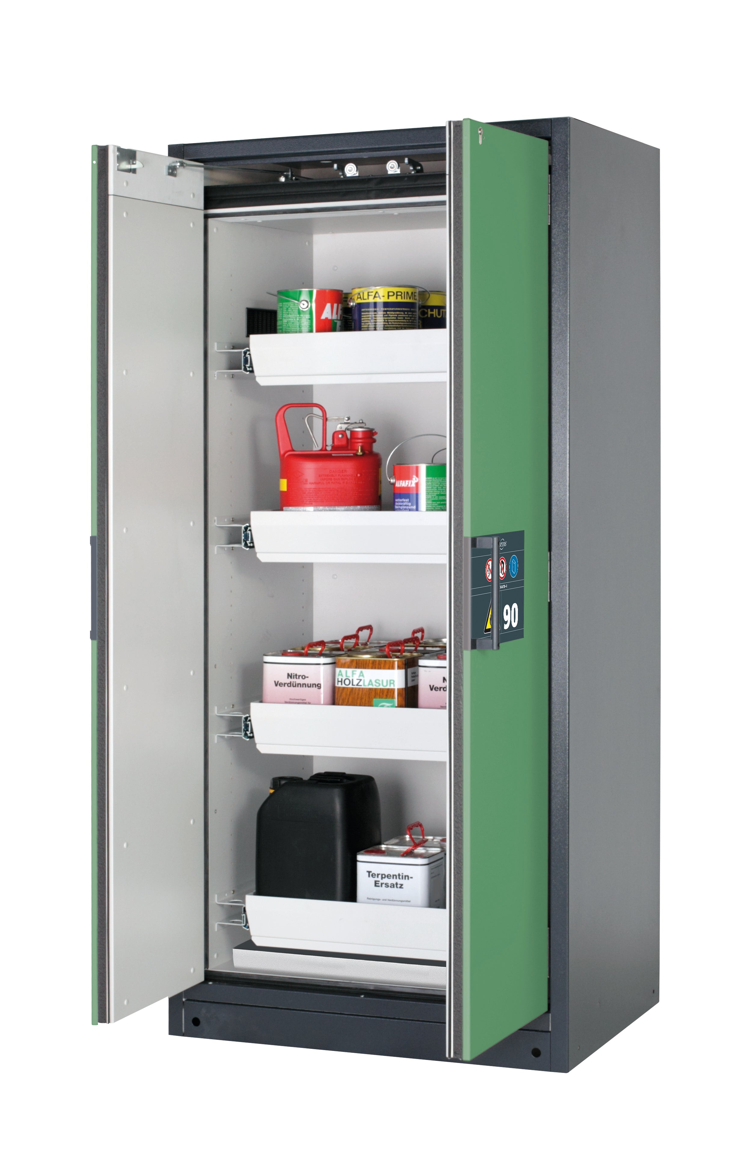 Type 90 safety storage cabinet Q-PEGASUS-90 model Q90.195.090.WDAC in reseda green RAL 6011 with 4x drawer (standard) (sheet steel),