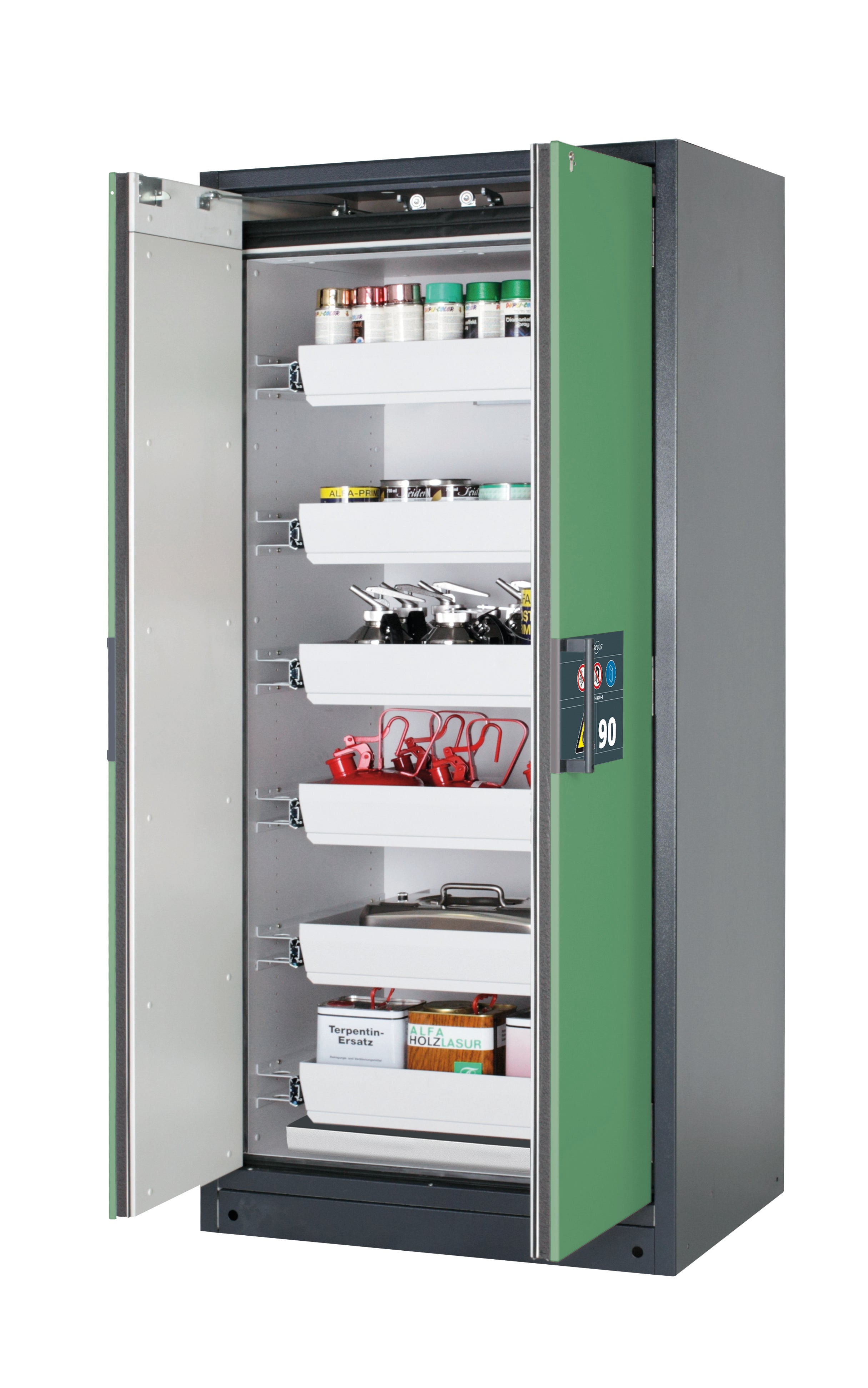 Type 90 safety storage cabinet Q-PEGASUS-90 model Q90.195.090.WDAC in reseda green RAL 6011 with 6x drawer (standard) (sheet steel),