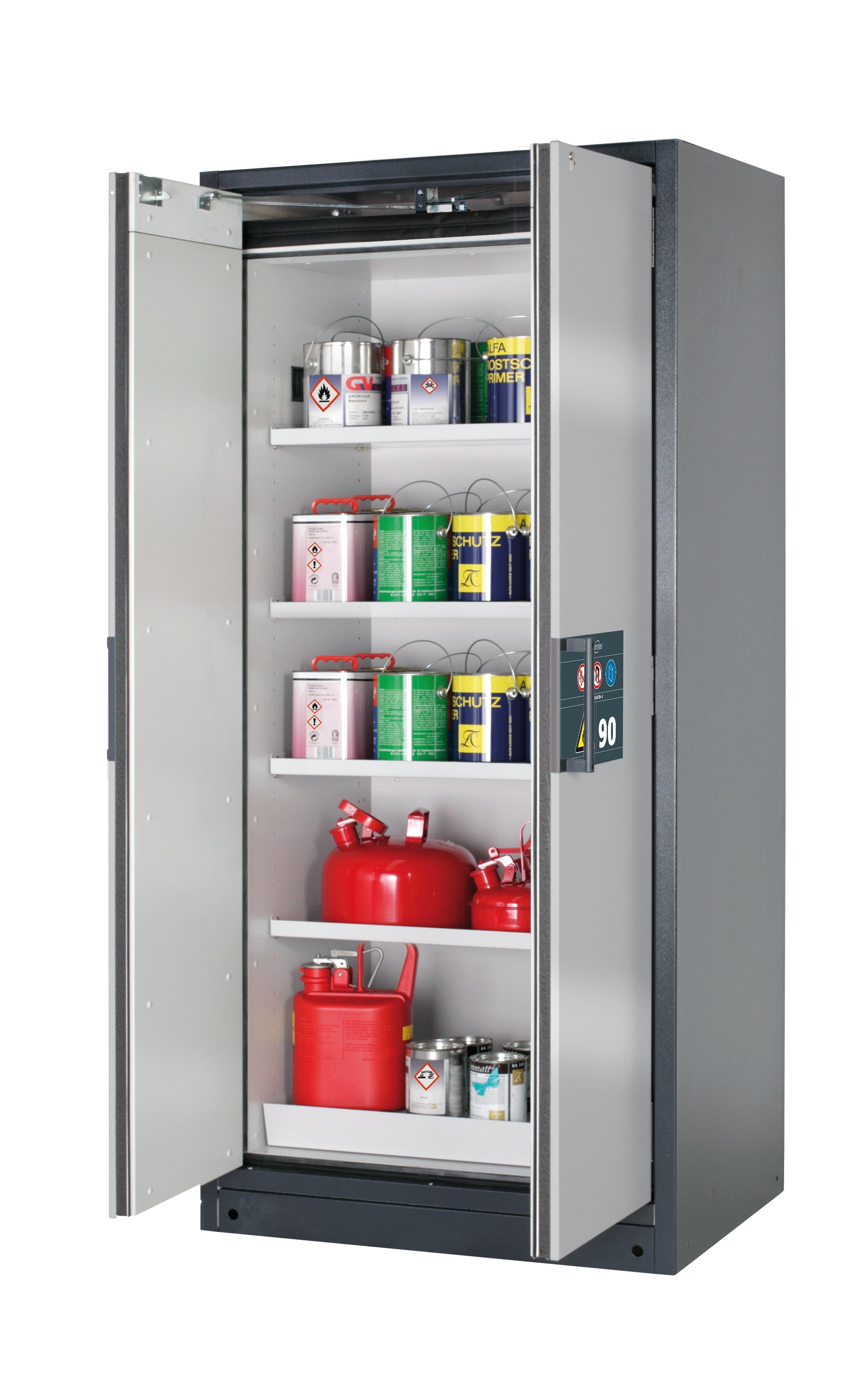 Type 90 safety storage cabinet Q-PEGASUS-90 model Q90.195.090.WDAC in asecos silver with 4x shelf standard (sheet steel),