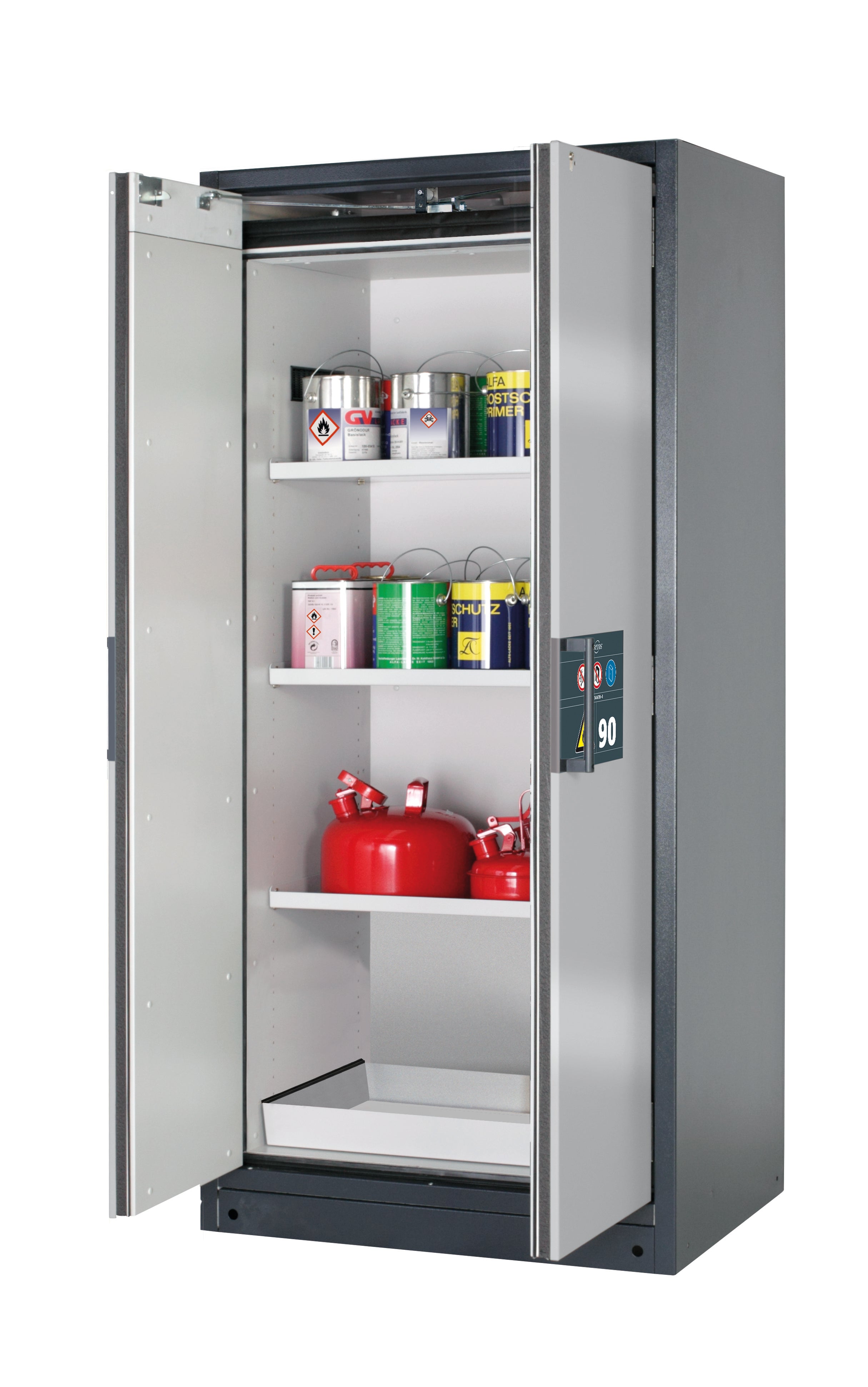 Type 90 safety storage cabinet Q-PEGASUS-90 model Q90.195.090.WDAC in asecos silver with 3x shelf standard (sheet steel),