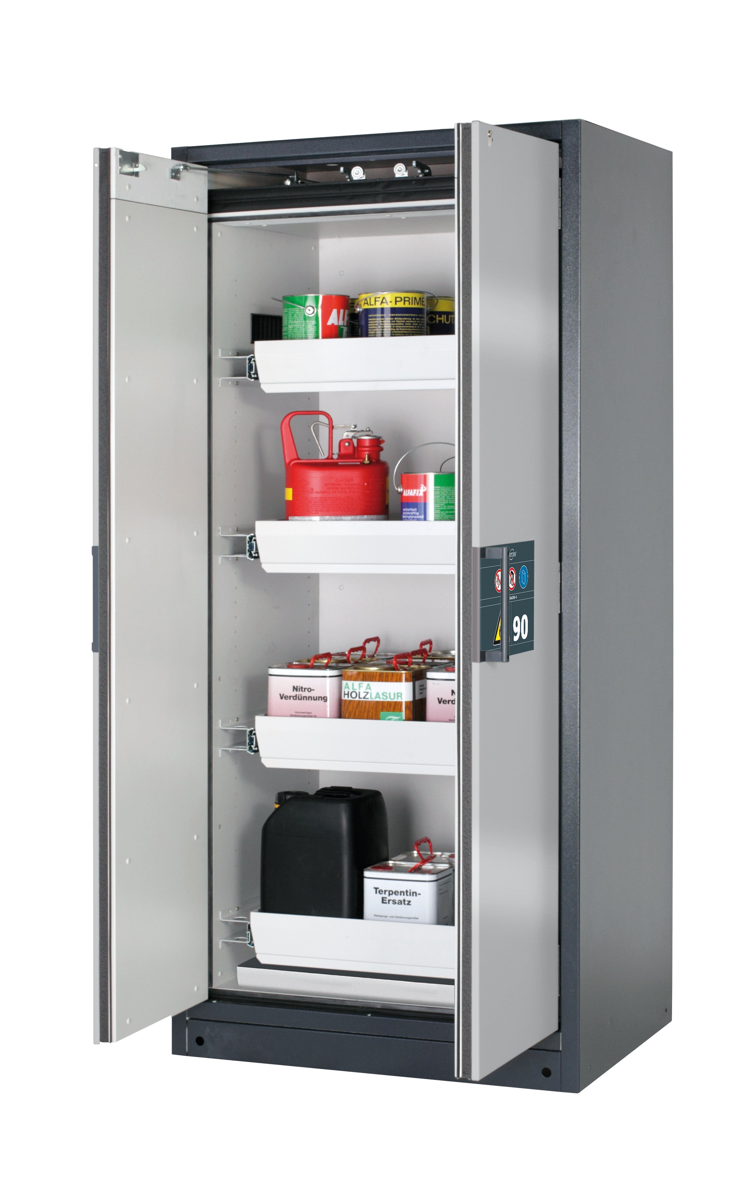 Type 90 safety storage cabinet Q-PEGASUS-90 model Q90.195.090.WDAC in asecos silver with 4x drawer (standard) (sheet steel),
