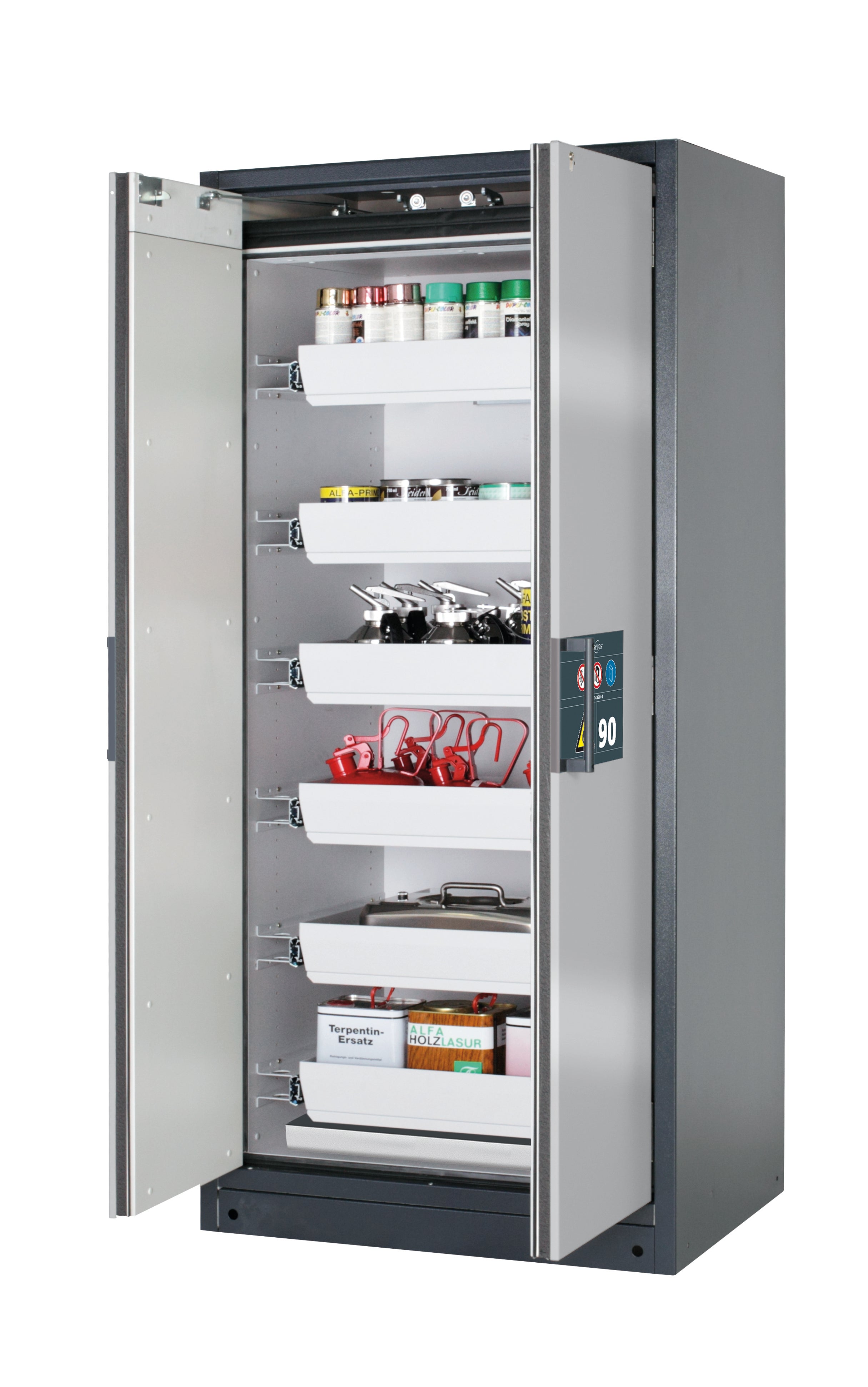 Type 90 safety storage cabinet Q-PEGASUS-90 model Q90.195.090.WDAC in asecos silver with 6x drawer (standard) (sheet steel),