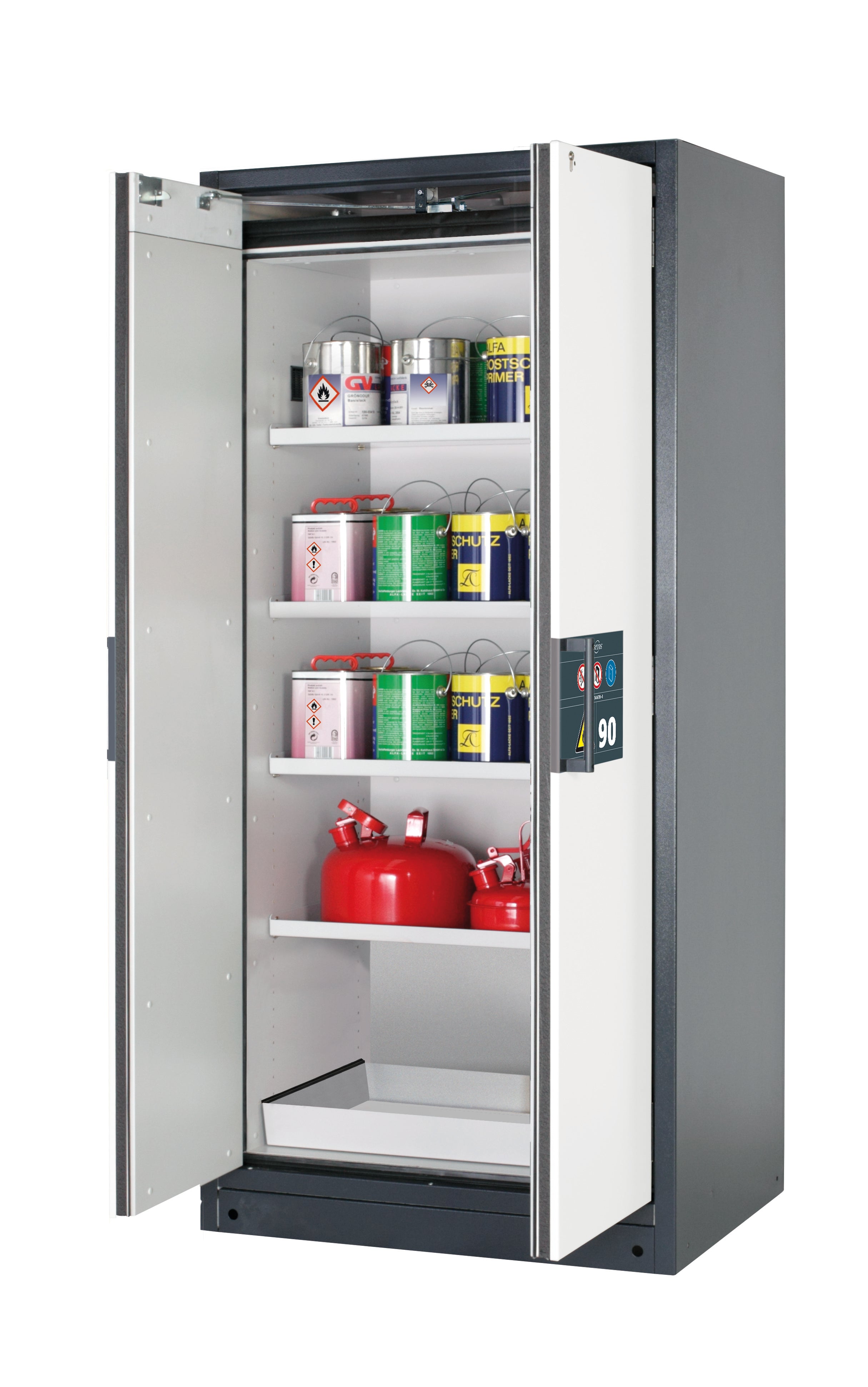 Type 90 safety storage cabinet Q-PEGASUS-90 model Q90.195.090.WDAC in pure white RAL 9010 with 4x shelf standard (sheet steel),