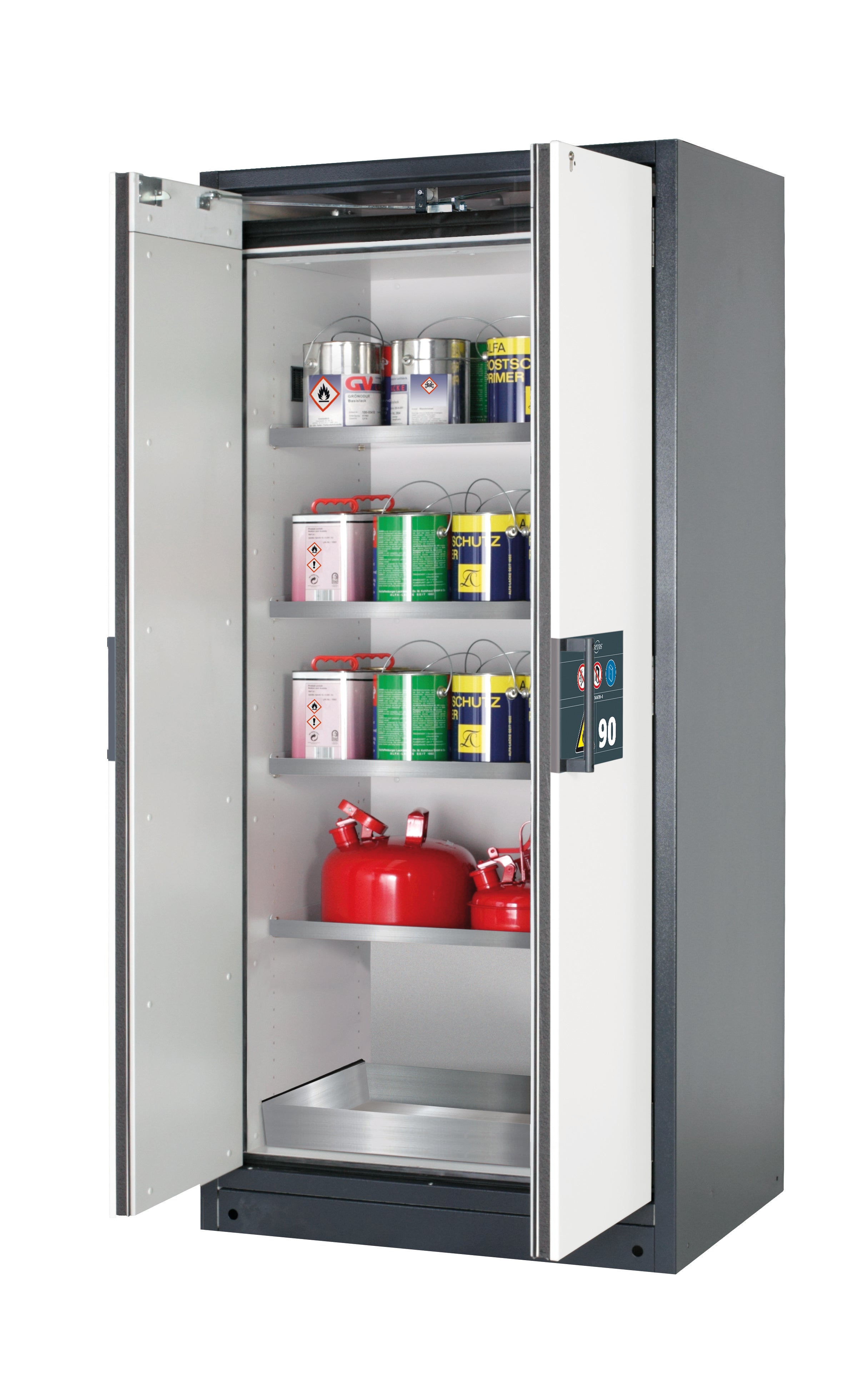 Type 90 safety storage cabinet Q-PEGASUS-90 model Q90.195.090.WDAC in pure white RAL 9010 with 4x shelf standard (stainless steel 1.4301),
