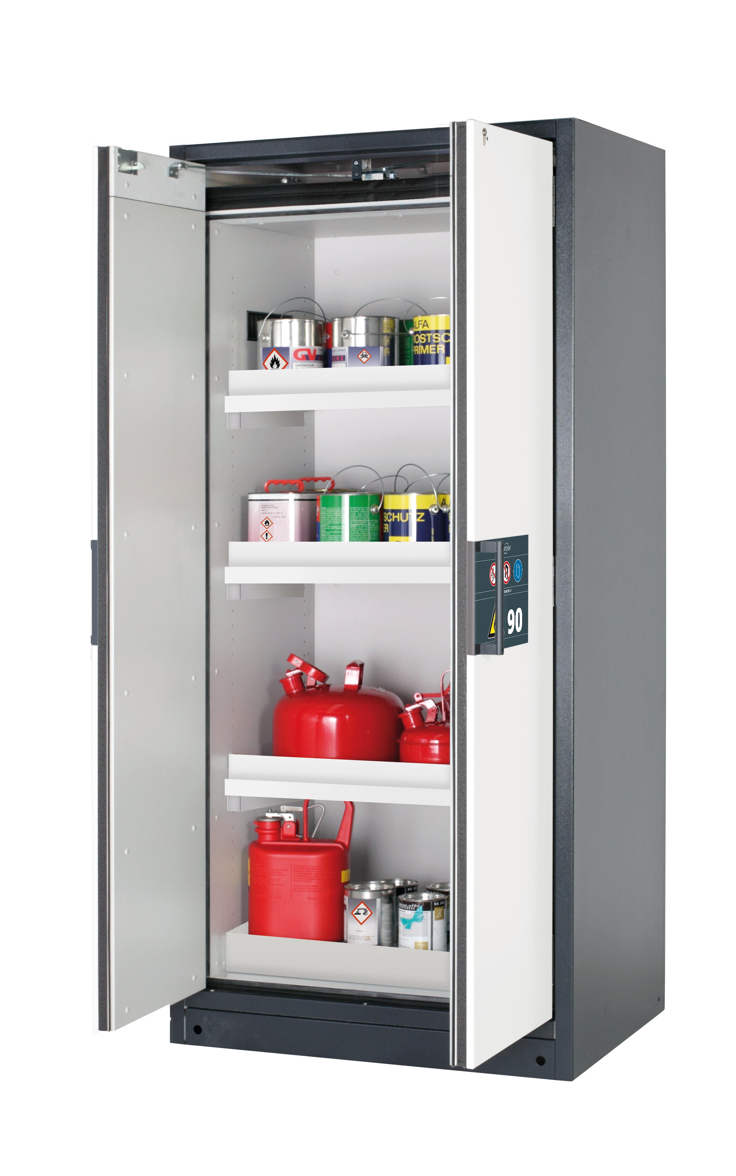 Type 90 safety storage cabinet Q-PEGASUS-90 model Q90.195.090.WDAC in pure white RAL 9010 with 3x tray shelf (standard) (polypropylene),