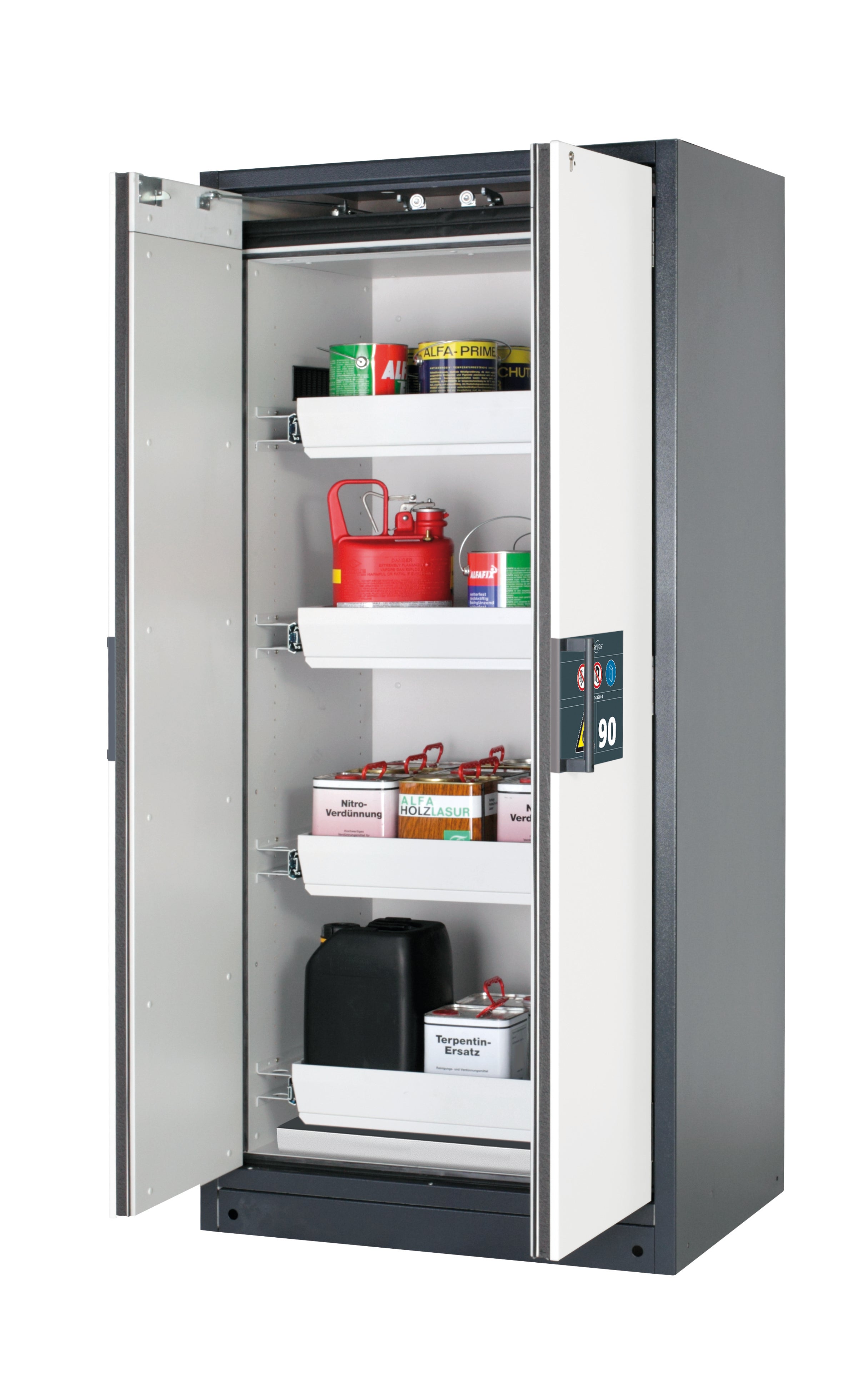 Type 90 safety storage cabinet Q-PEGASUS-90 model Q90.195.090.WDAC in pure white RAL 9010 with 4x drawer (standard) (sheet steel),