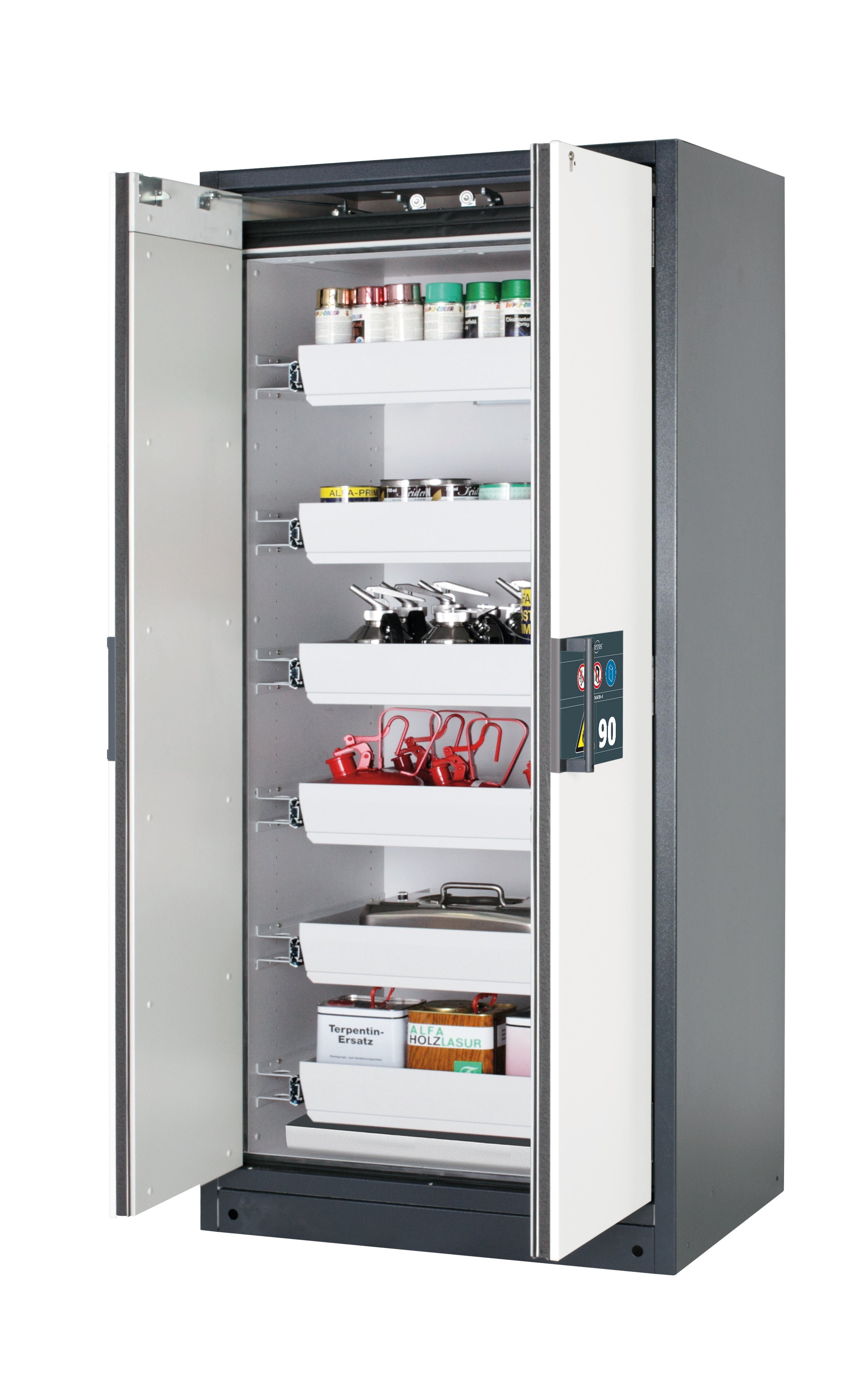 Type 90 safety storage cabinet Q-PEGASUS-90 model Q90.195.090.WDAC in pure white RAL 9010 with 6x drawer (standard) (sheet steel),