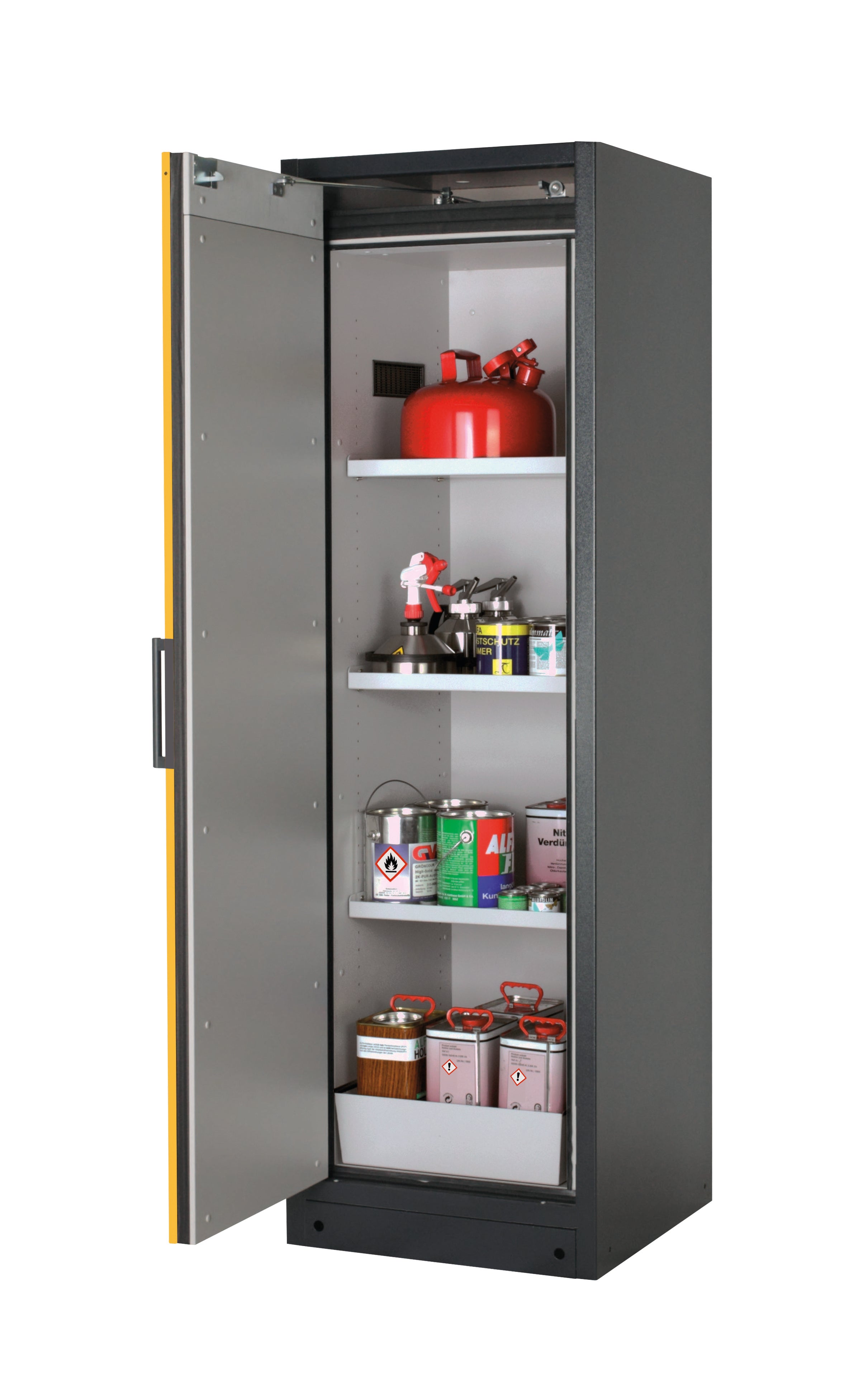 Type 90 safety storage cabinet Q-CLASSIC-90 model Q90.195.060 in warning yellow RAL 1004 with 3x shelf standard (sheet steel),