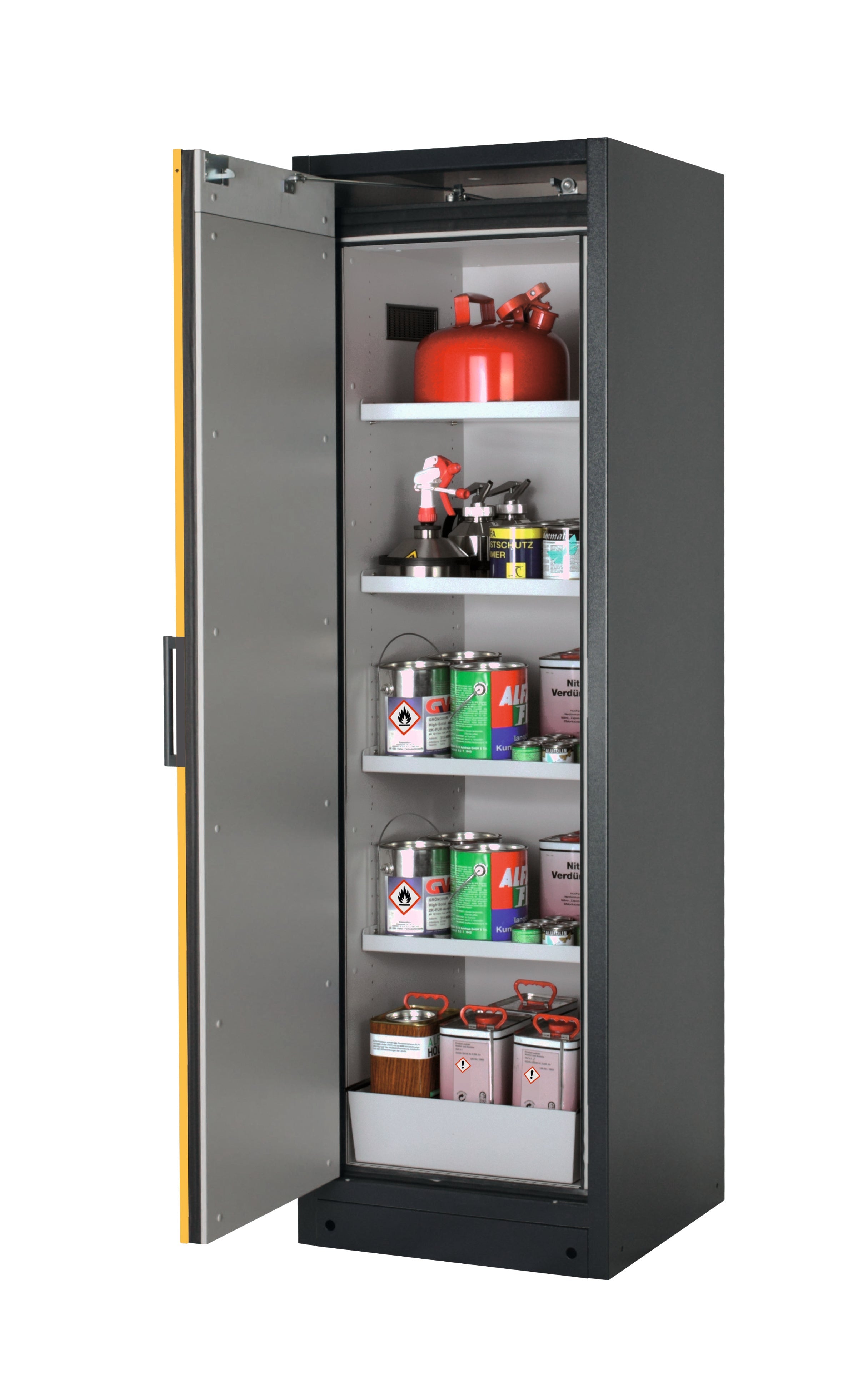 Type 90 safety storage cabinet Q-CLASSIC-90 model Q90.195.060 in warning yellow RAL 1004 with 4x shelf standard (sheet steel),