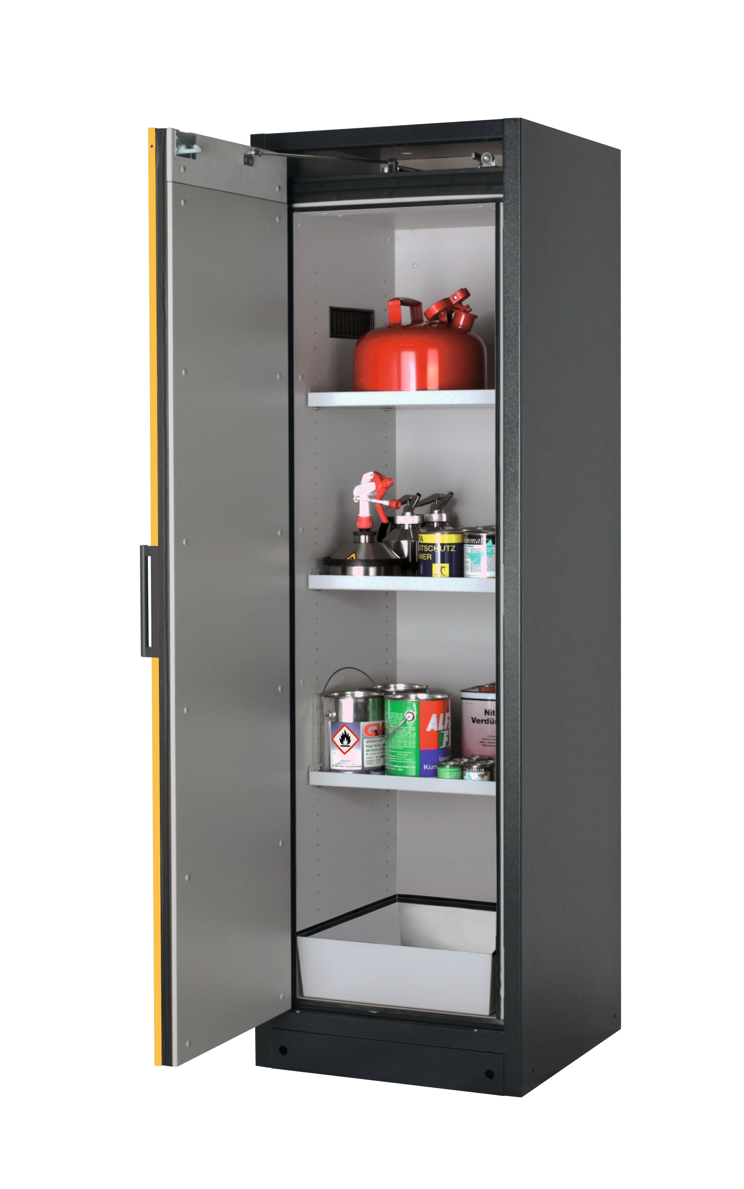 Type 90 safety storage cabinet Q-CLASSIC-90 model Q90.195.060 in warning yellow RAL 1004 with 3x shelf standard (sheet steel),
