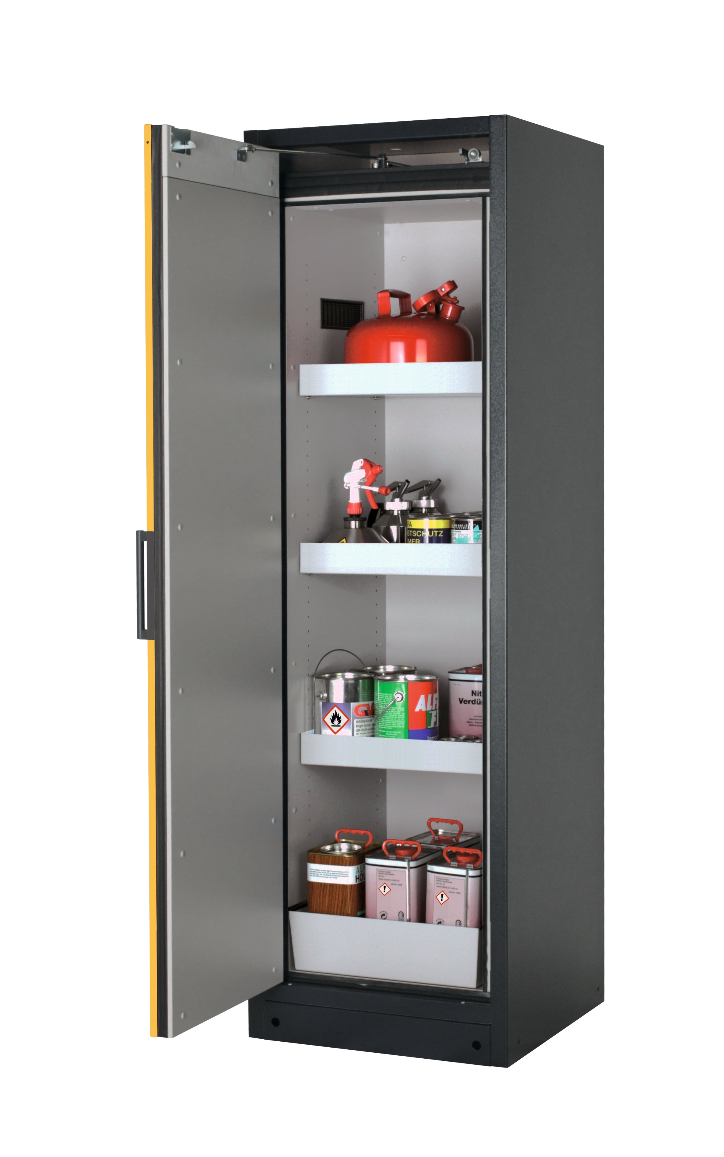 Type 90 safety storage cabinet Q-CLASSIC-90 model Q90.195.060 in warning yellow RAL 1004 with 3x tray shelf (standard) (sheet steel),