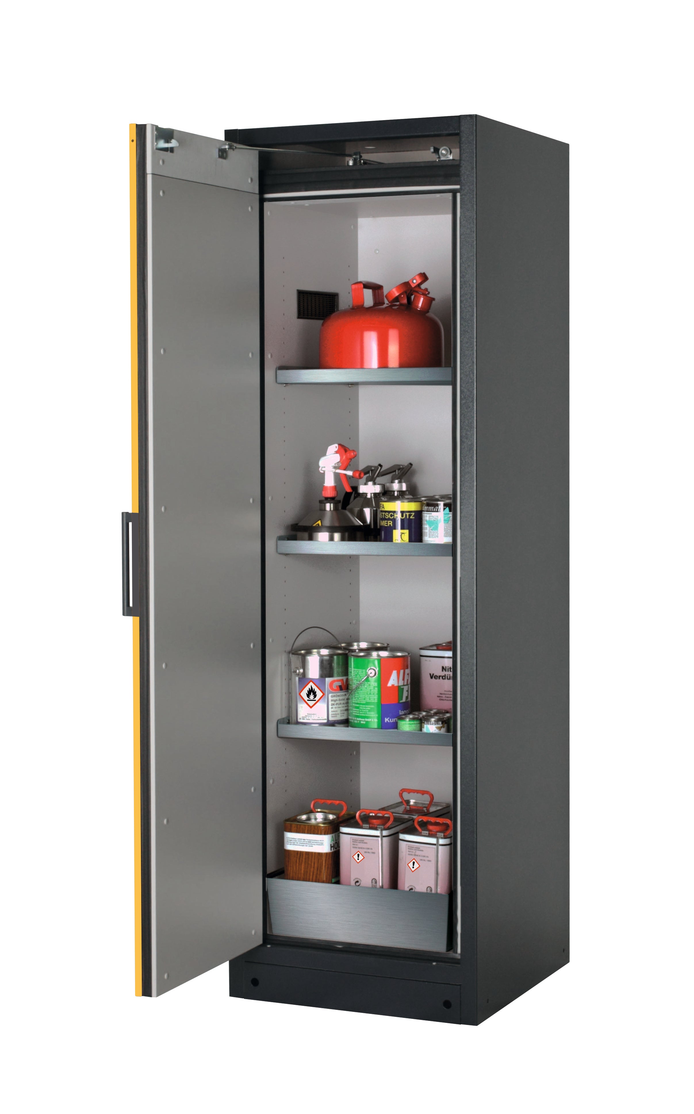 Type 90 safety storage cabinet Q-PEGASUS-90 model Q90.195.060.WDAC in warning yellow RAL 1004 with 3x shelf standard (stainless steel 1.4301),