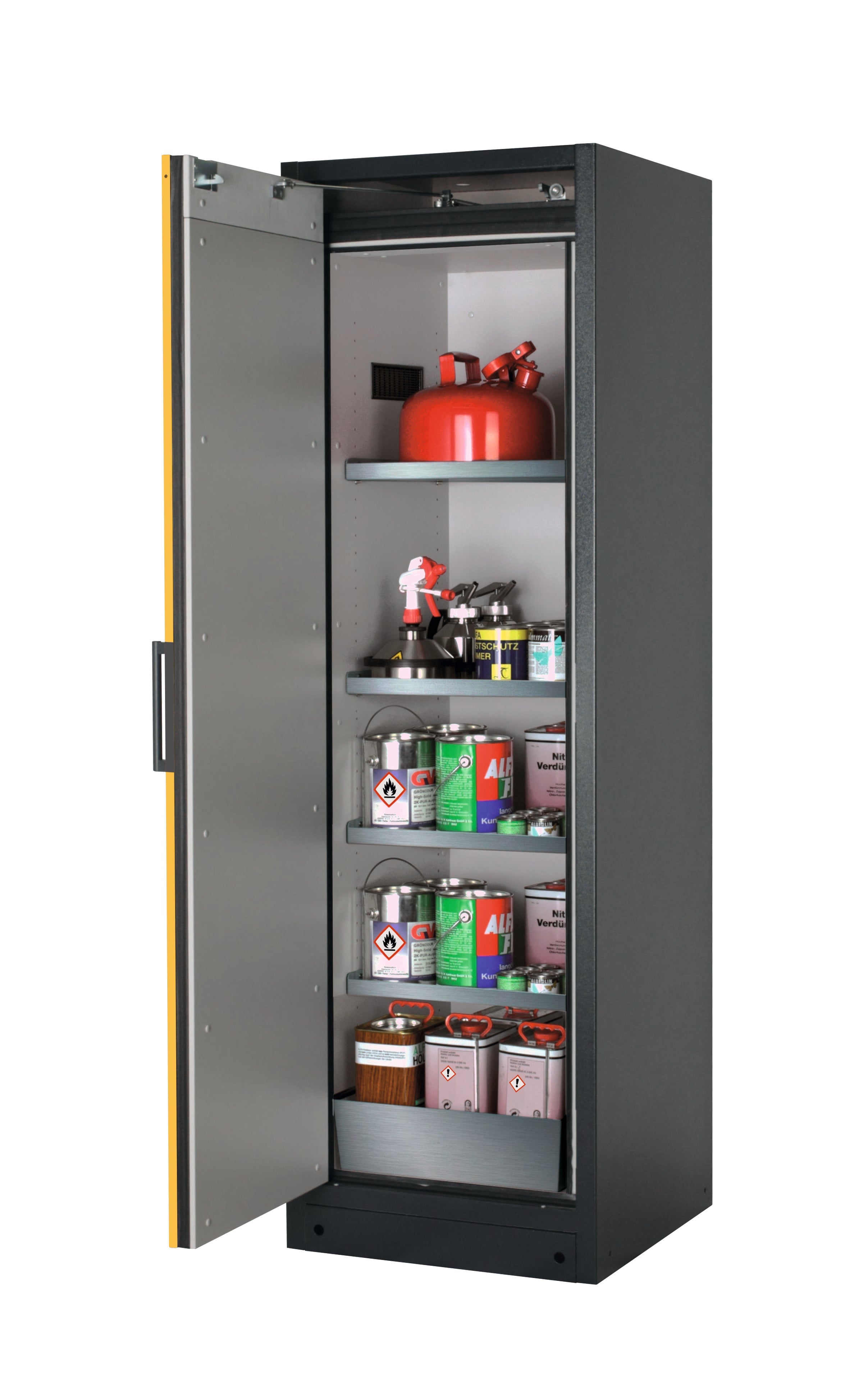 Type 90 safety storage cabinet Q-CLASSIC-90 model Q90.195.060 in warning yellow RAL 1004 with 4x shelf standard (stainless steel 1.4301),