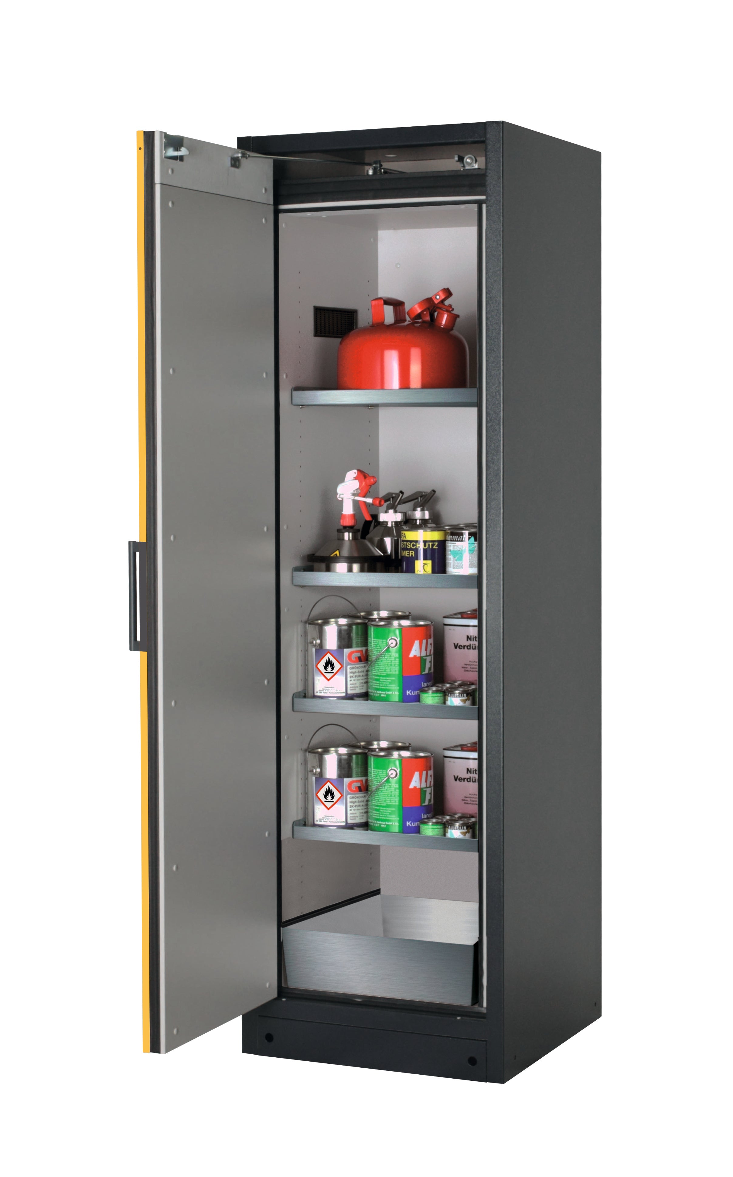 Type 90 safety storage cabinet Q-PEGASUS-90 model Q90.195.060.WDAC in warning yellow RAL 1004 with 4x shelf standard (stainless steel 1.4301),