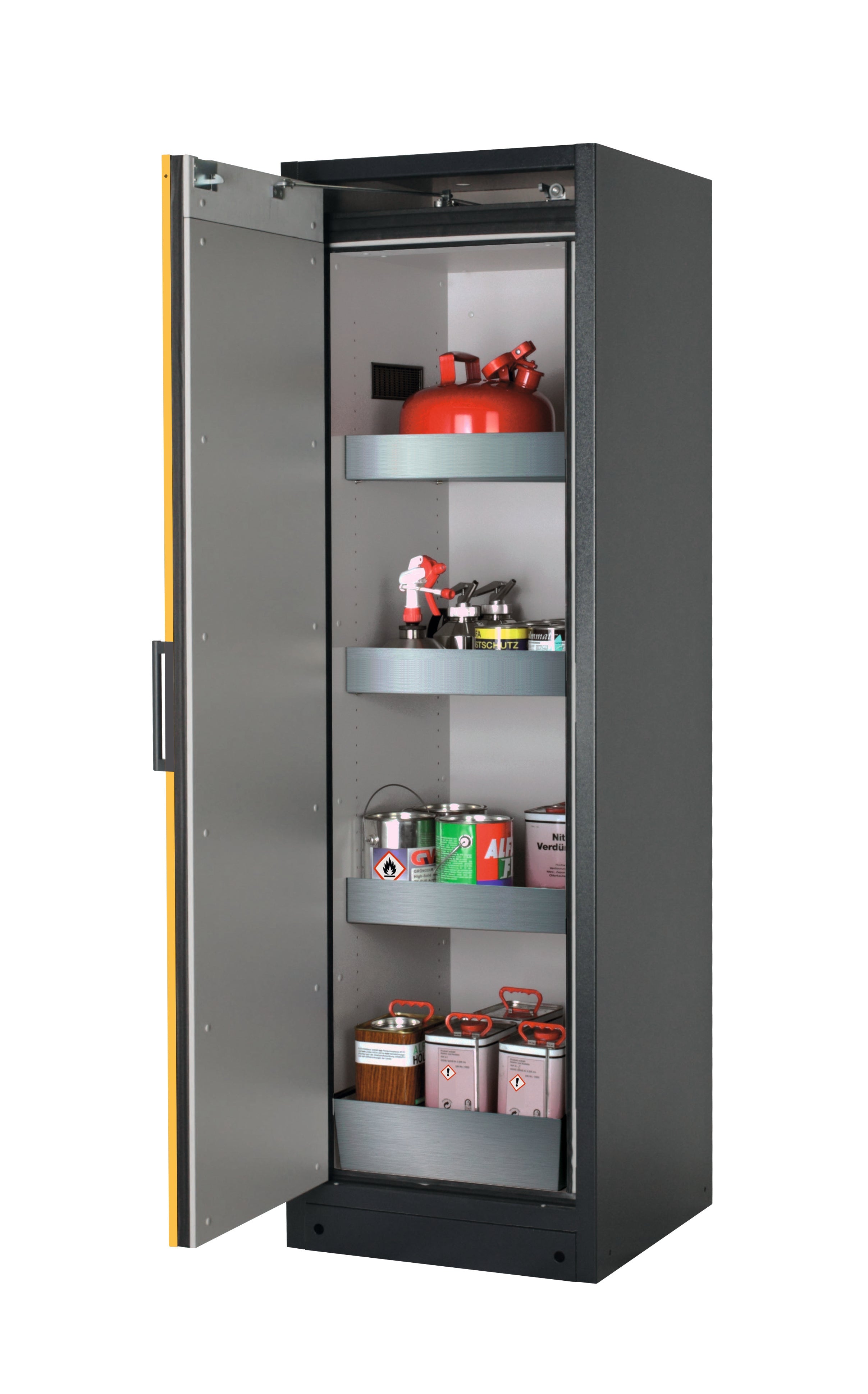 Type 90 safety storage cabinet Q-CLASSIC-90 model Q90.195.060 in warning yellow RAL 1004 with 3x tray shelf (standard) (stainless steel 1.4301),
