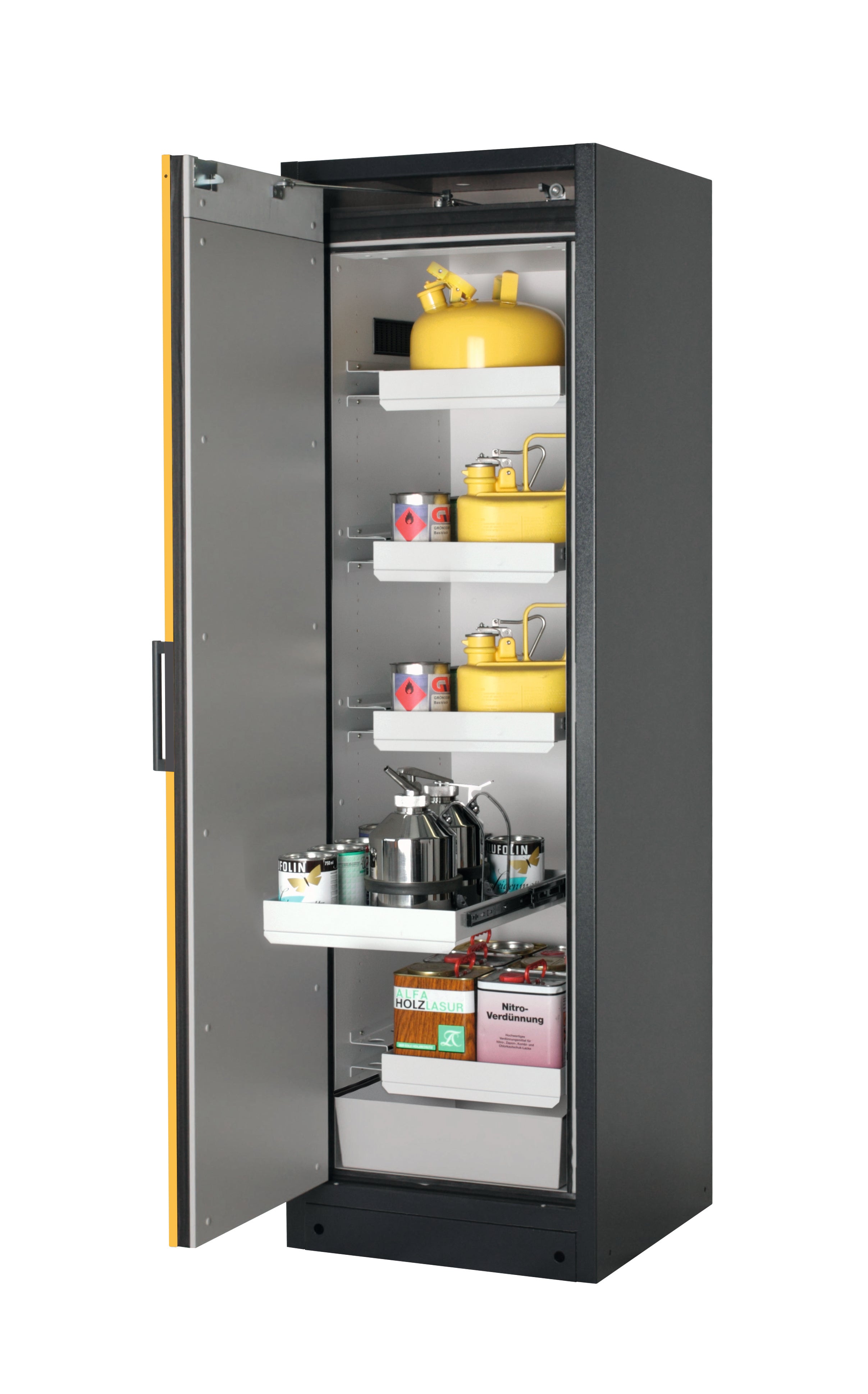 Type 90 safety storage cabinet Q-PEGASUS-90 model Q90.195.060.WDAC in warning yellow RAL 1004 with 4x drawer (standard) (sheet steel),