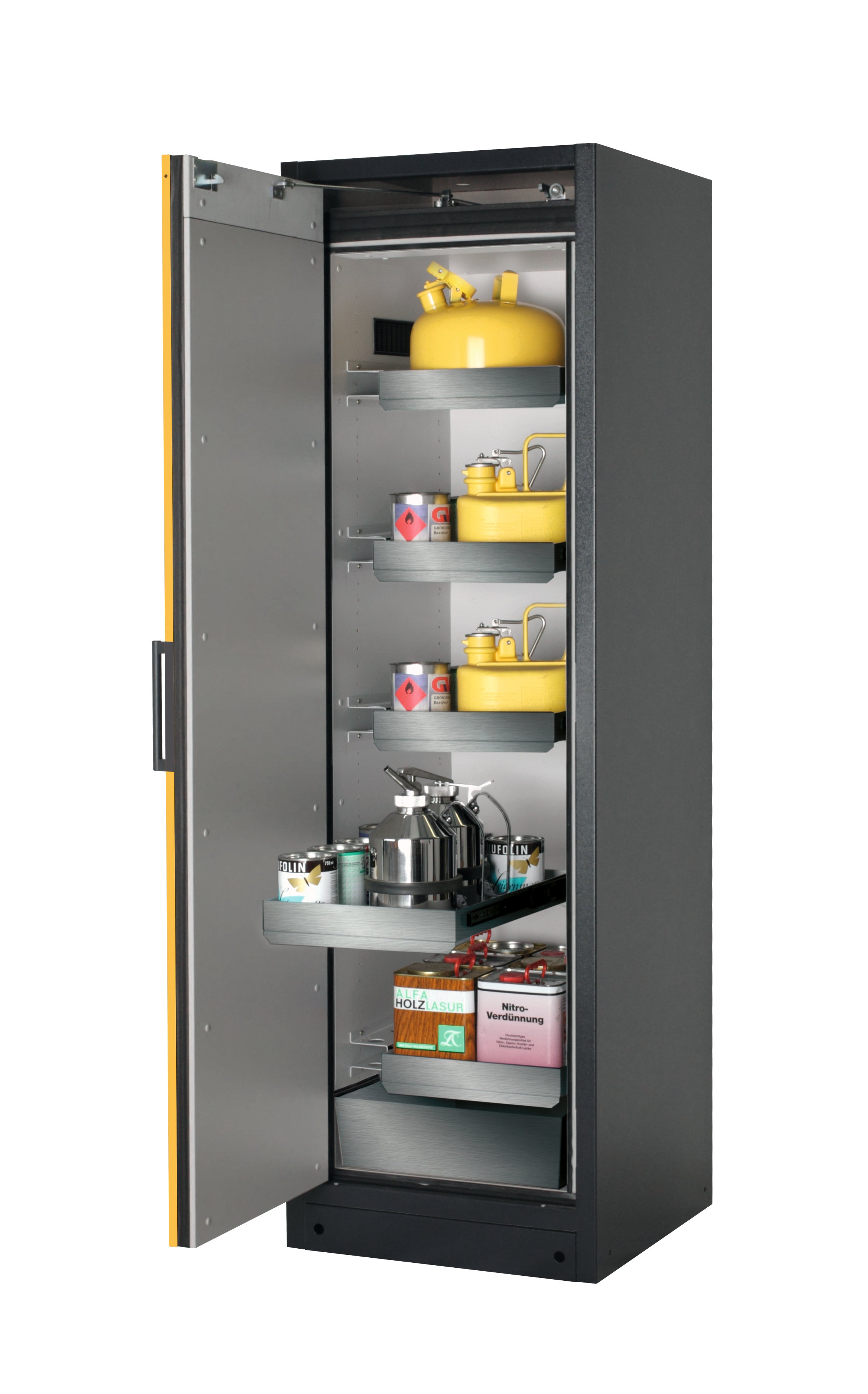Type 90 safety storage cabinet Q-PEGASUS-90 model Q90.195.060.WDAC in warning yellow RAL 1004 with 4x drawer (standard) (stainless steel 1.4301),