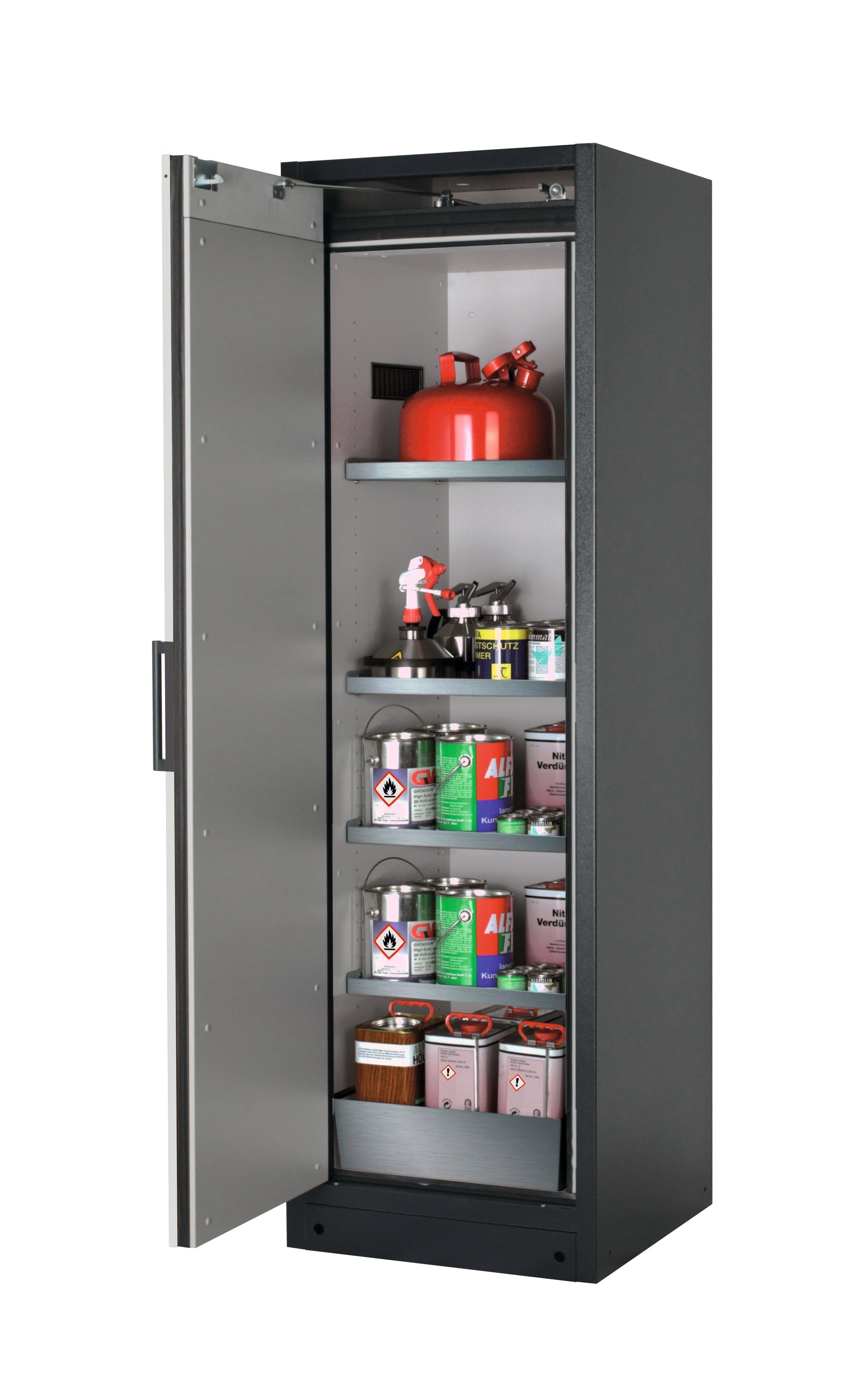 Type 90 safety storage cabinet Q-CLASSIC-90 model Q90.195.060 in light grey RAL 7035 with 4x shelf standard (stainless steel 1.4301),