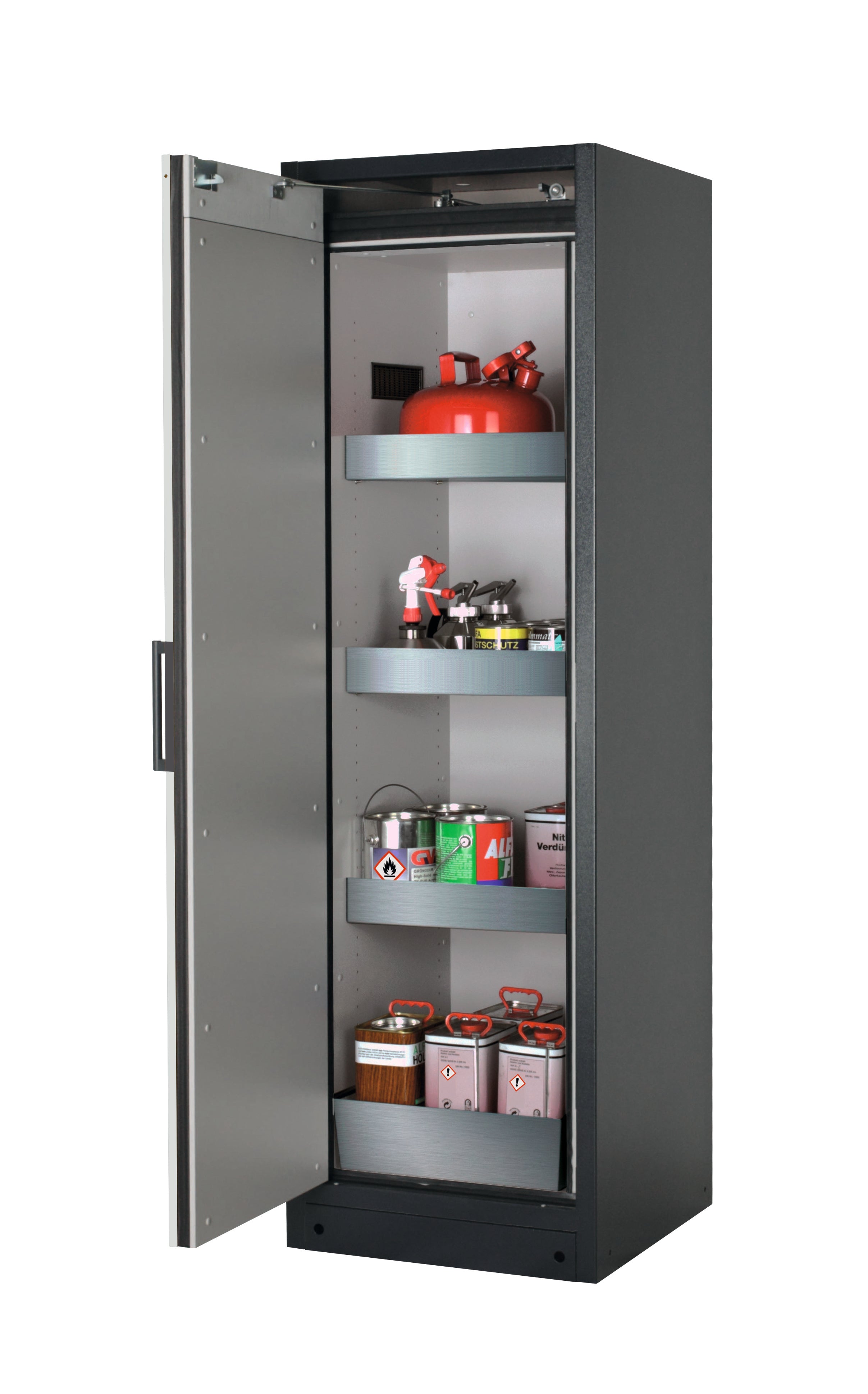 Type 90 safety storage cabinet Q-CLASSIC-90 model Q90.195.060 in light grey RAL 7035 with 3x tray shelf (standard) (stainless steel 1.4301),