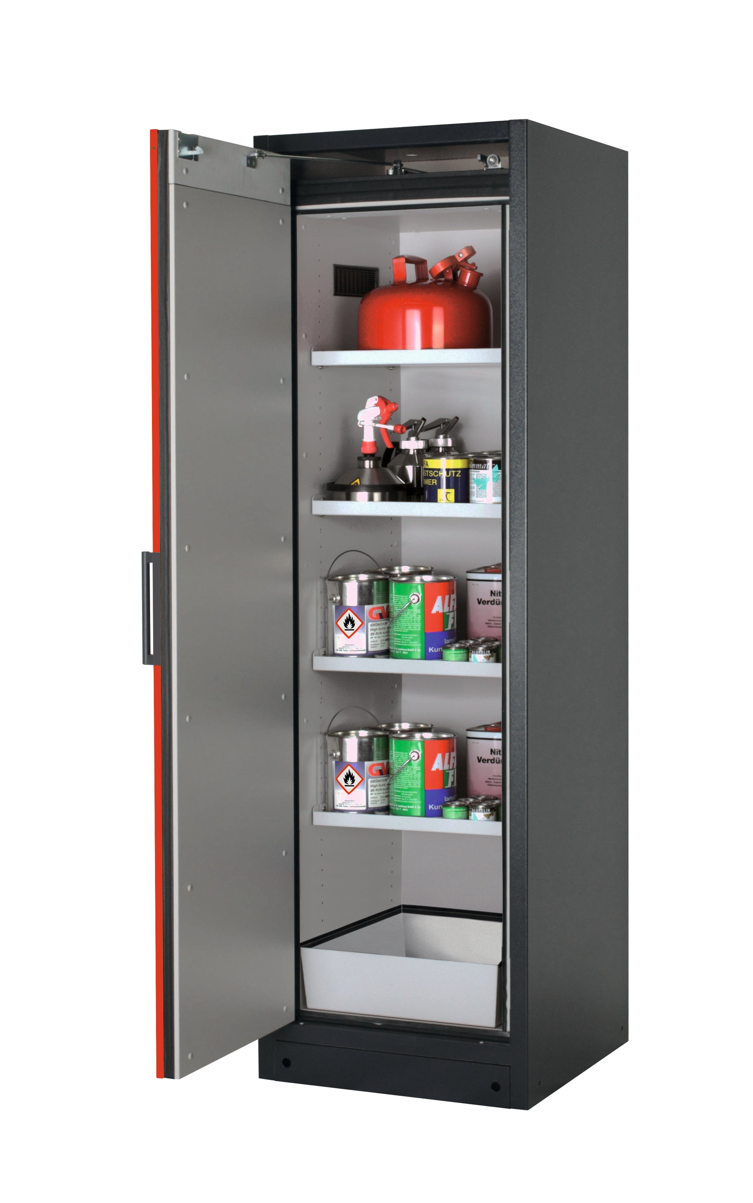 Type 90 safety storage cabinet Q-CLASSIC-90 model Q90.195.060 in traffic red RAL 3020 with 4x shelf standard (sheet steel),