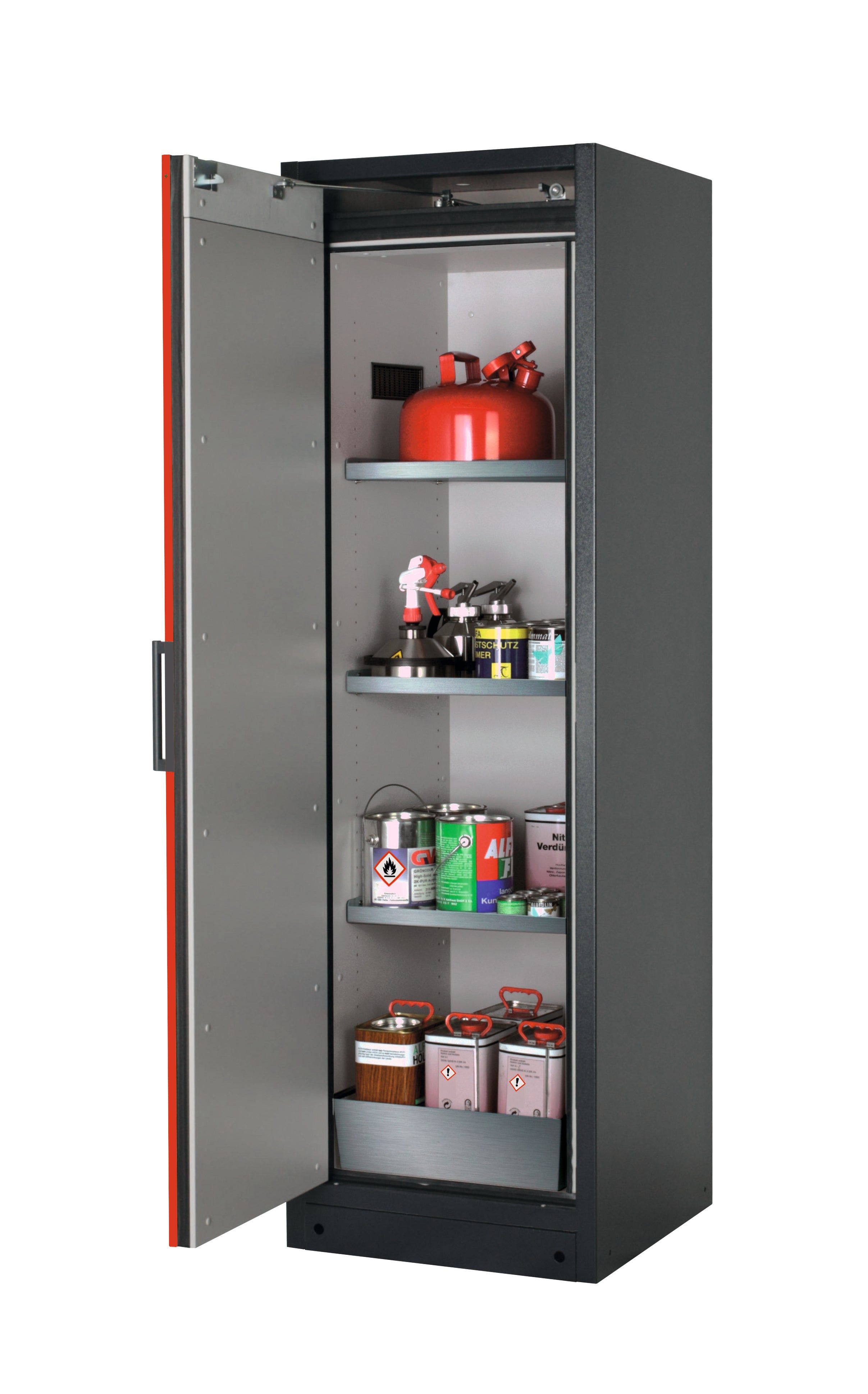 Type 90 safety storage cabinet Q-PEGASUS-90 model Q90.195.060.WDAC in traffic red RAL 3020 with 3x shelf standard (stainless steel 1.4301),