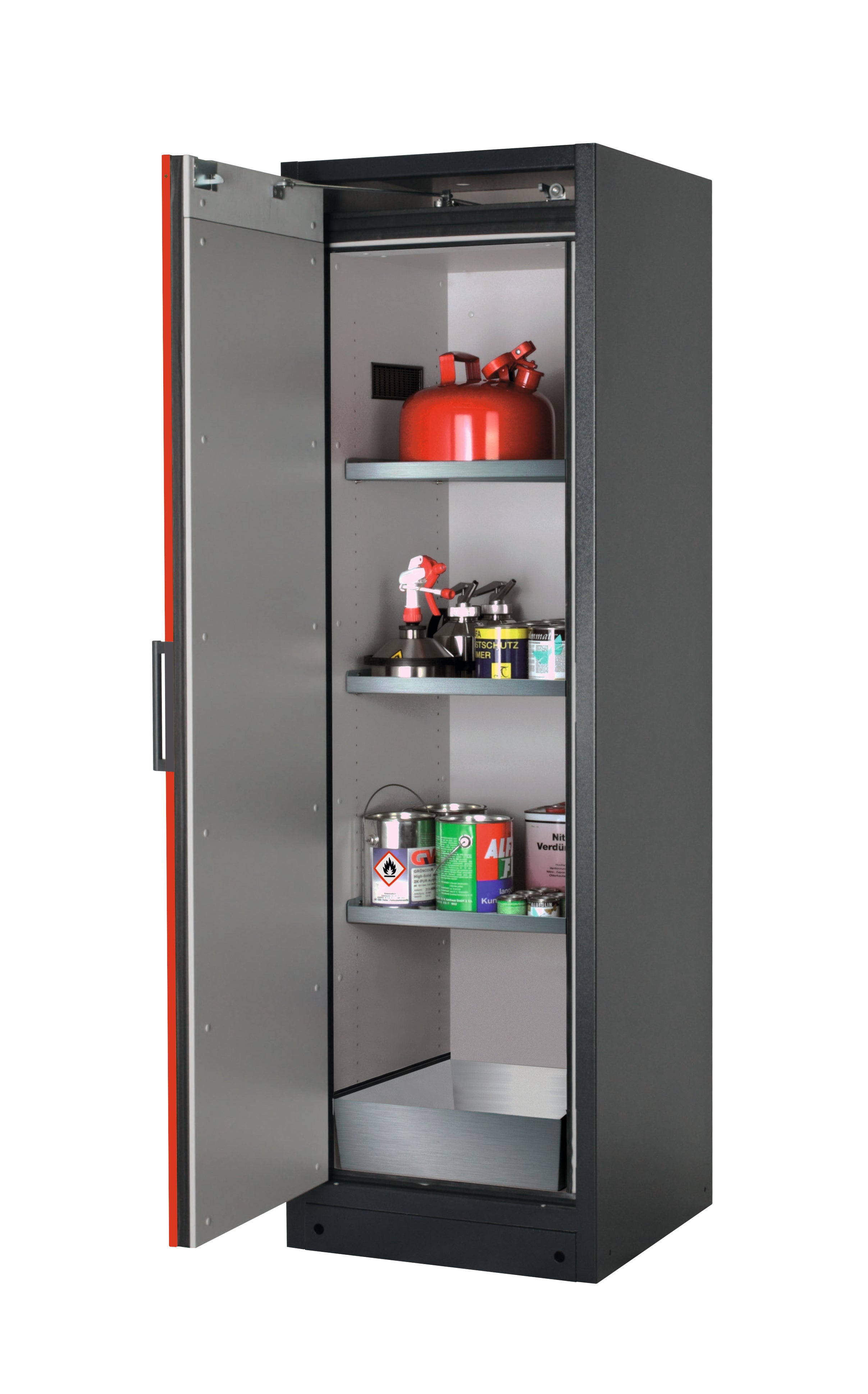 Type 90 safety storage cabinet Q-PEGASUS-90 model Q90.195.060.WDAC in traffic red RAL 3020 with 3x shelf standard (stainless steel 1.4301),